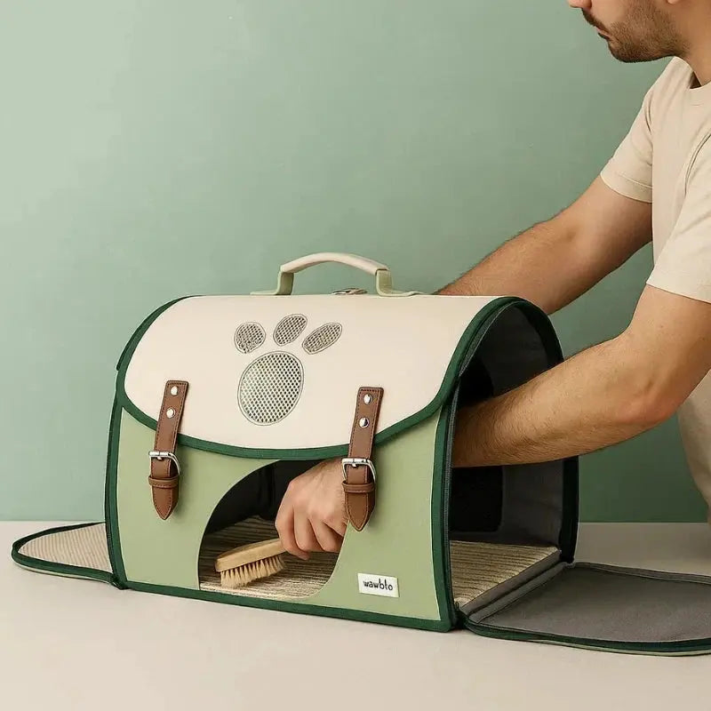 nettoyage-sac-pour-chat-vert-avec-brosse