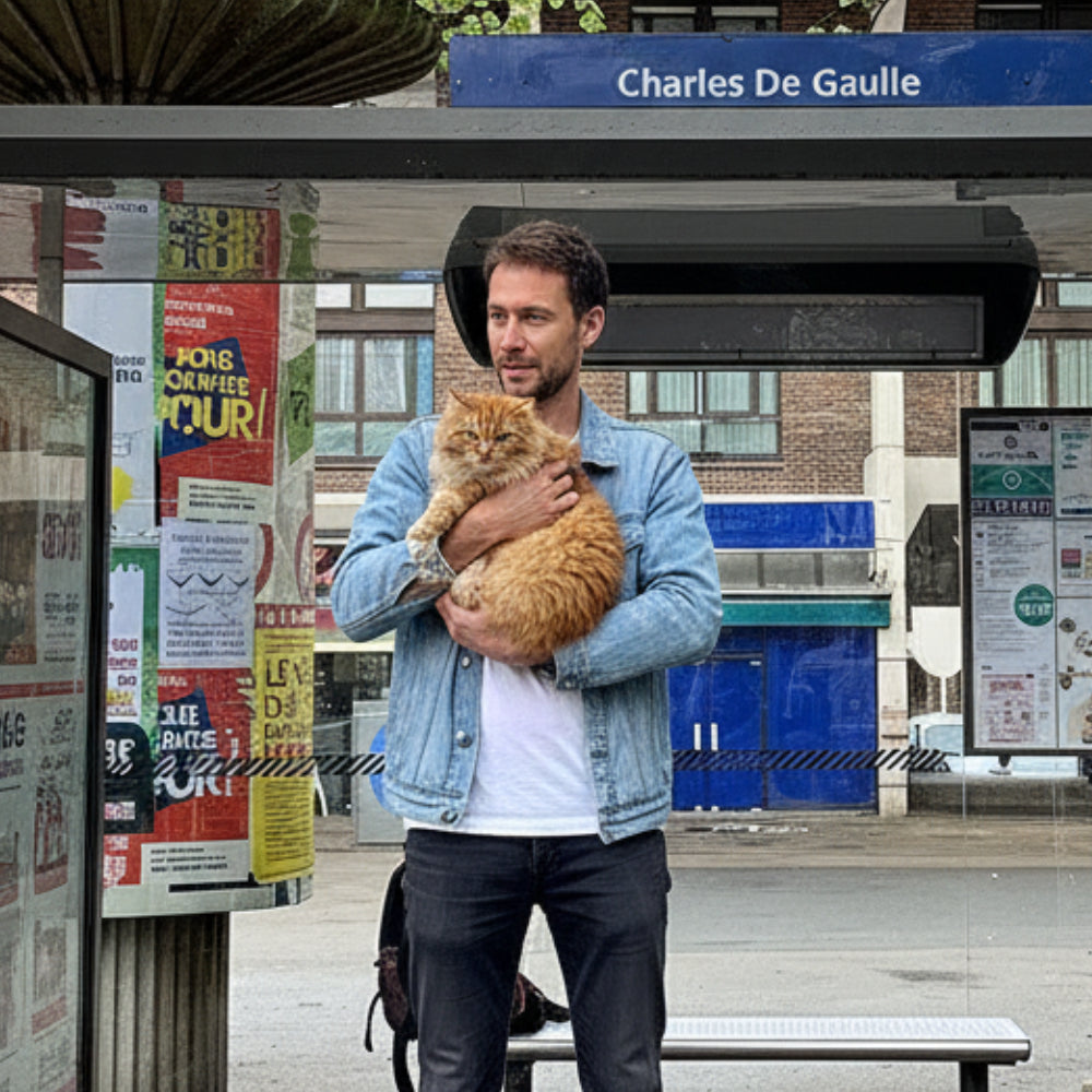homme-portant-un-chat-roux-devant-un-arret-de-bus-a-paris