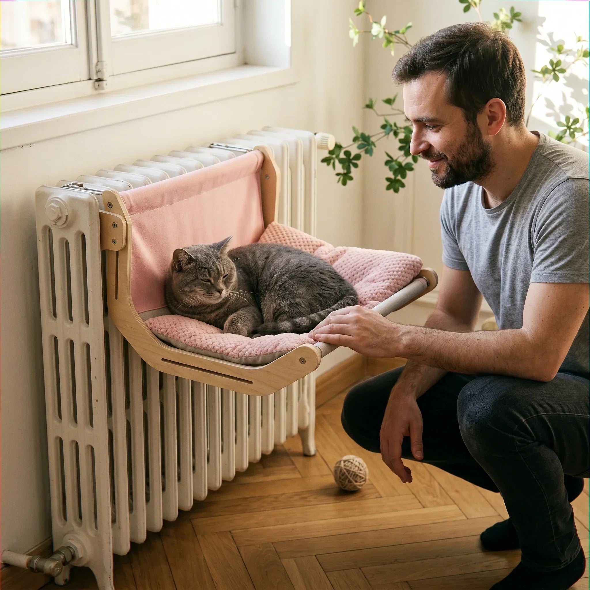 hamac-chat-radiateur-fonte-blanc-chat-gris-lové-coussin-rose-homme-salon-parquet-chevrons-parisien