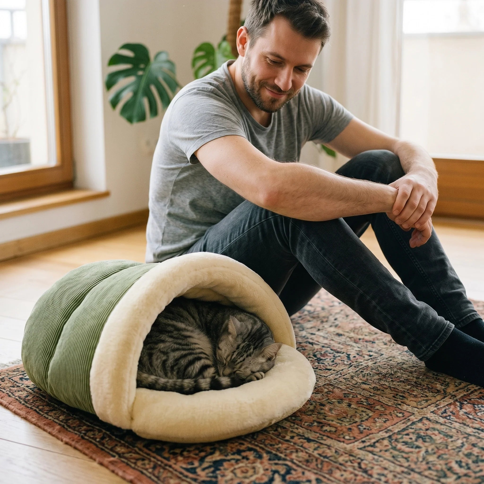 sac-couchage-chat-cocon-vert-beige-chat-tabby-gris-endormi-homme-salon-parquet-lumiere-naturelle