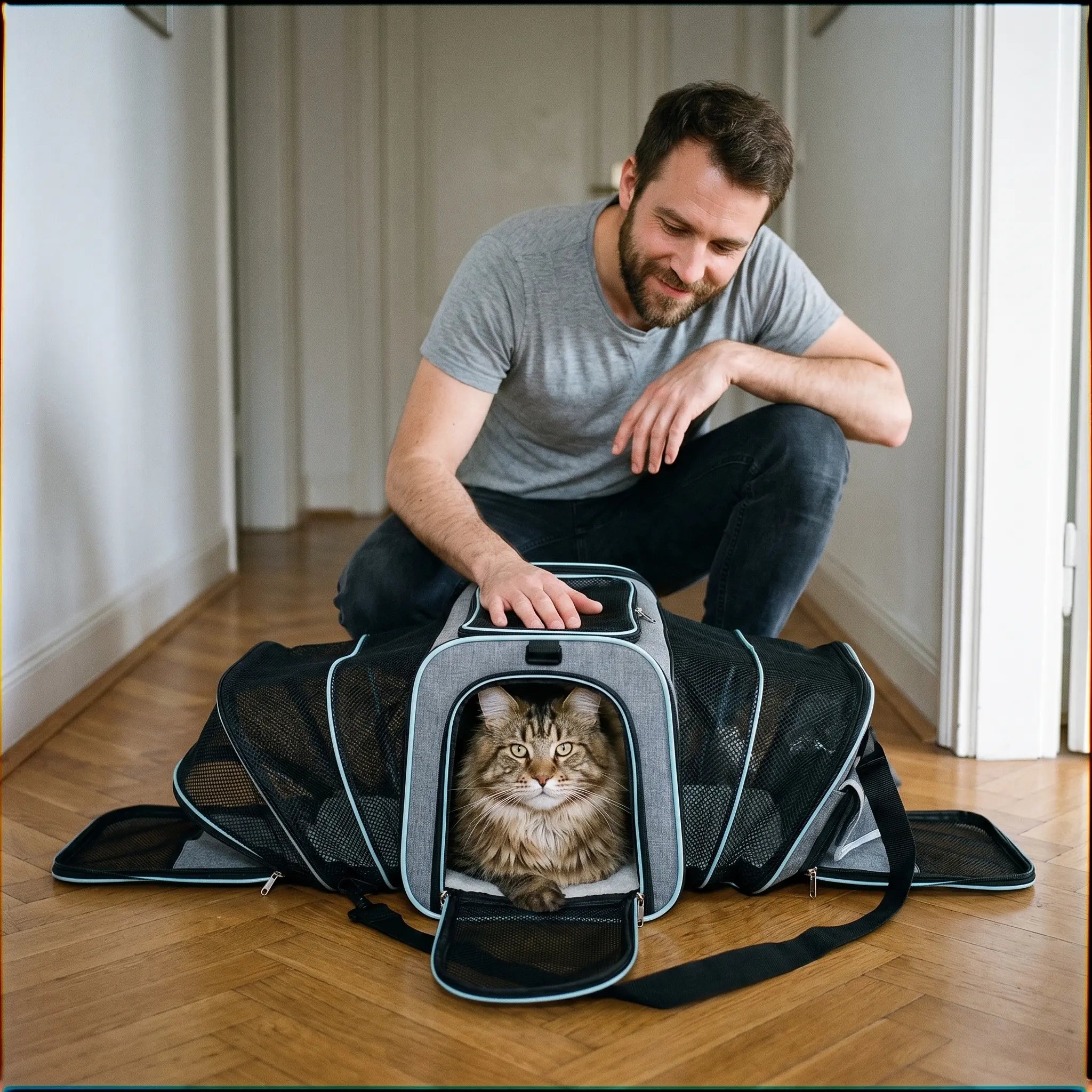 sac-transport-chat-xxl-extensible-gris-maine-coon-tabby-homme-parquet-chevrons-couloir-parisien