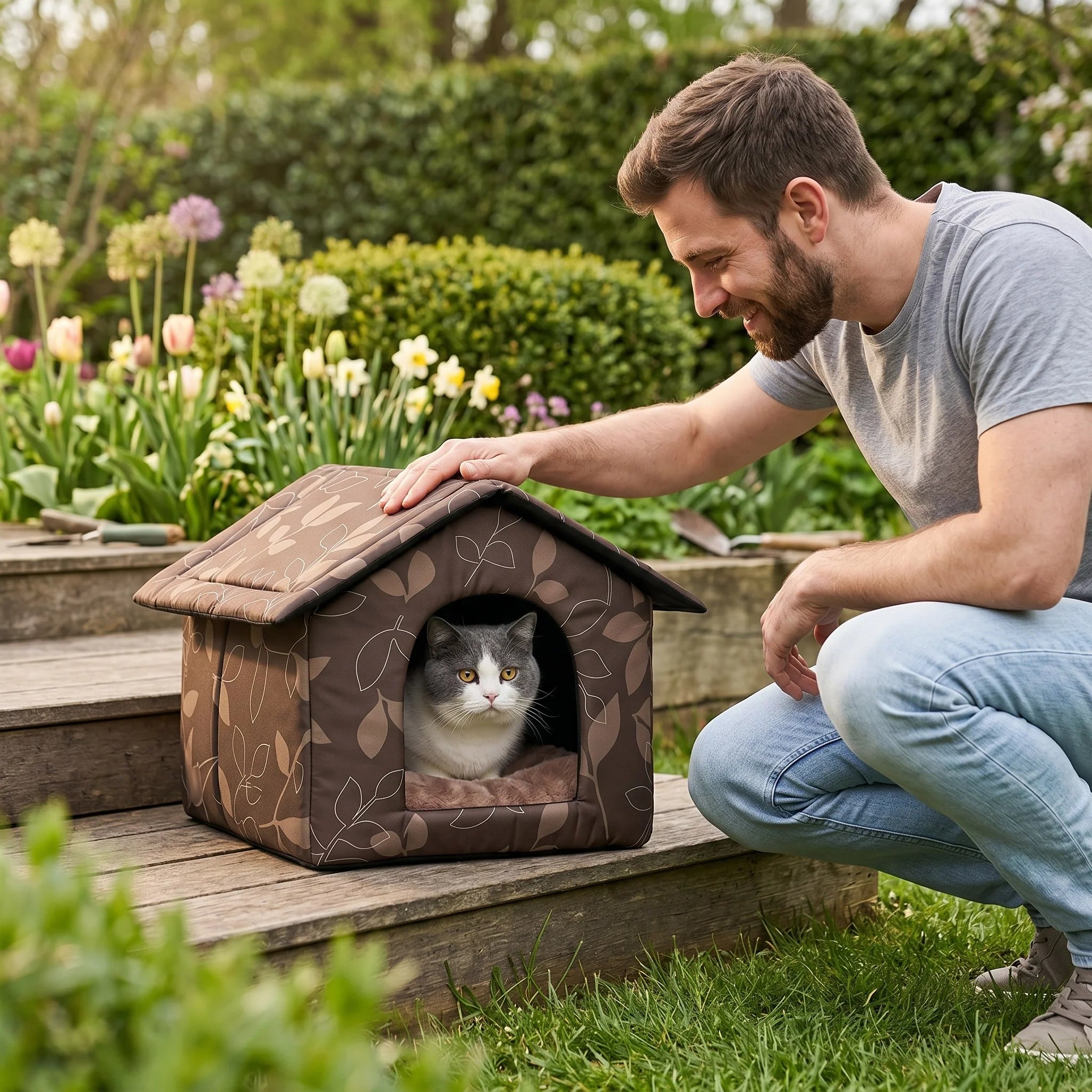panier-pour-chat-exterieur-niche-jardin-printemps-homme-chat-british-shorthair-gris-maison-chat-dehors