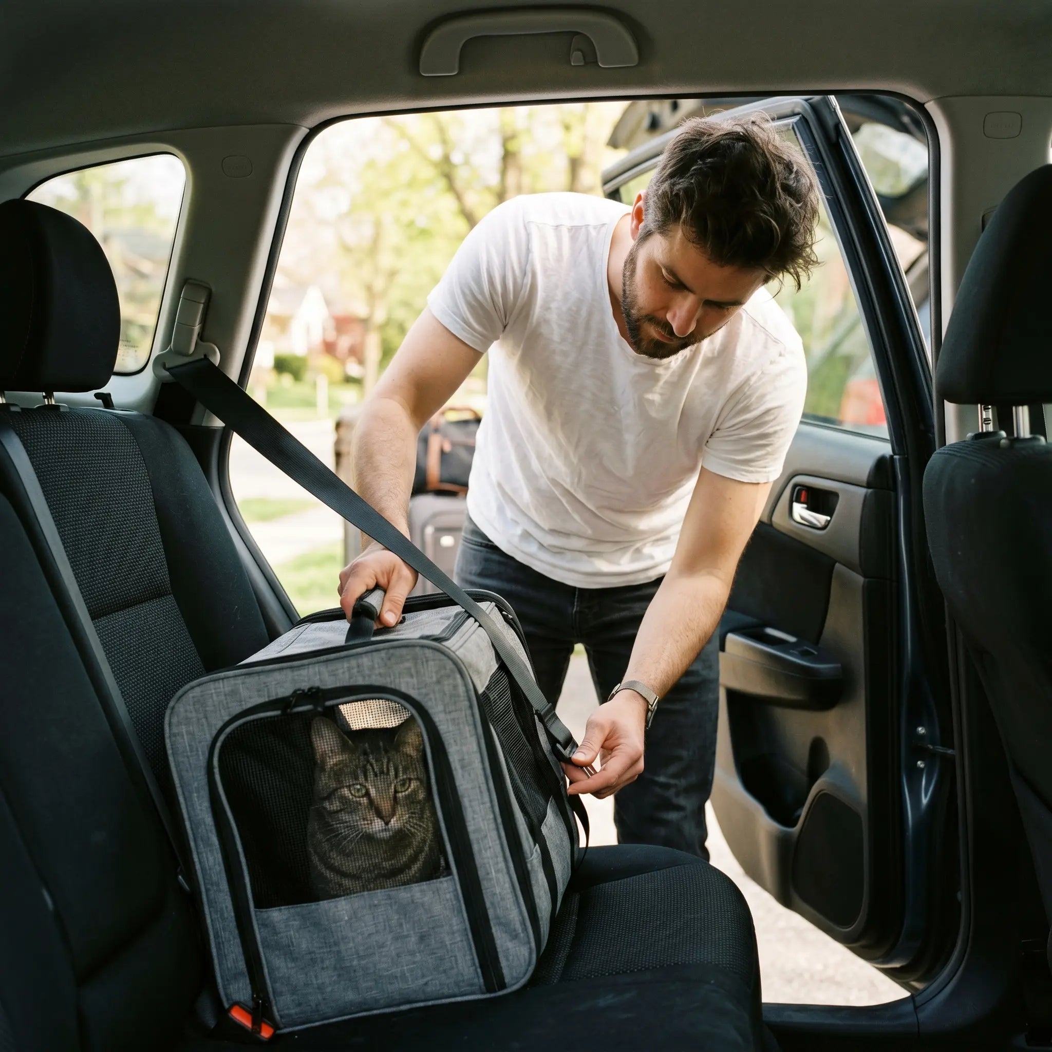 sac-transport-chat-voiture-banquette-arriere-ceinture-securite-homme-chat-tabby-valises-vacances-printemps