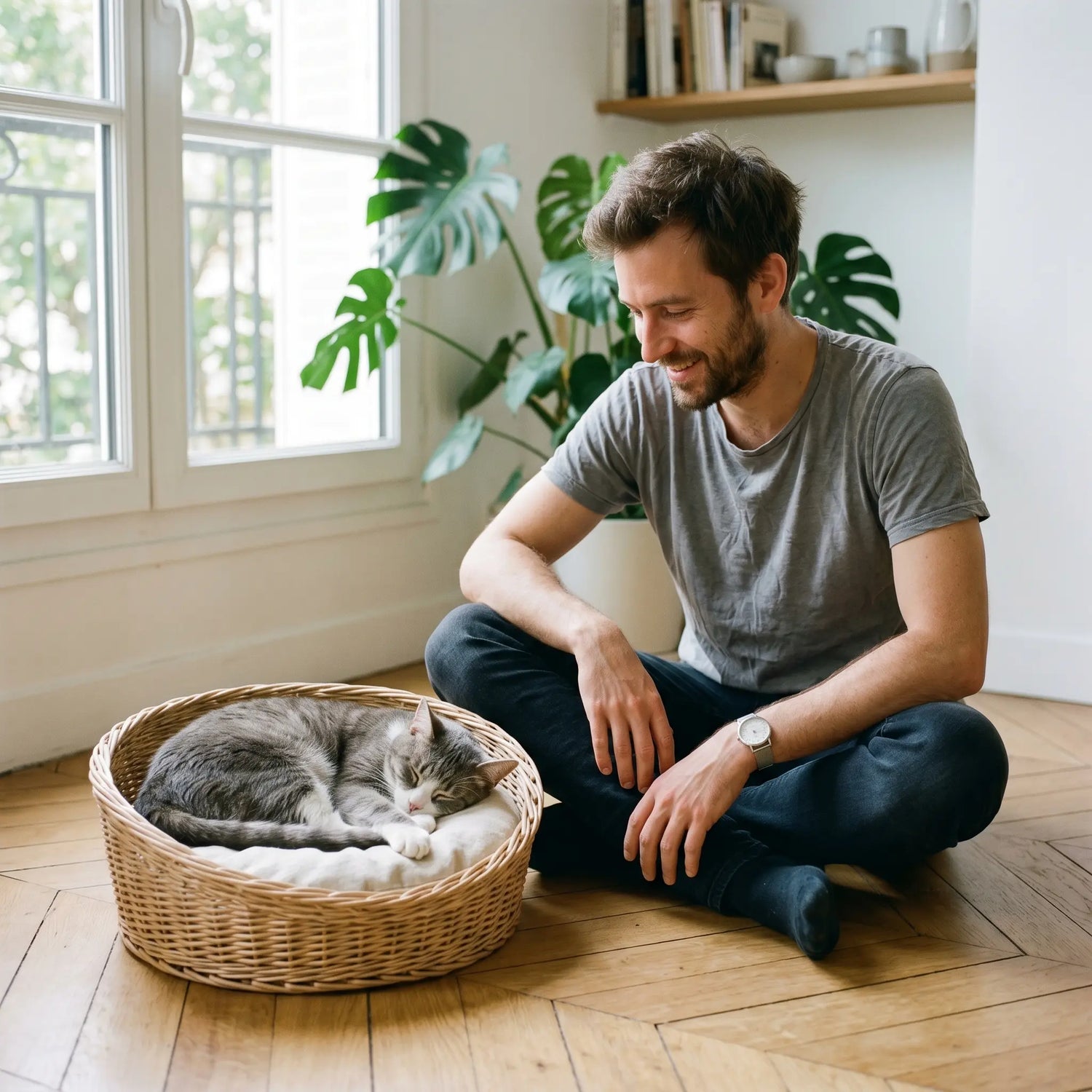 panier-chat-osier-naturel-chat-tabby-gris-endormi-homme-appartement-parisien-parquet-chevrons-monstera