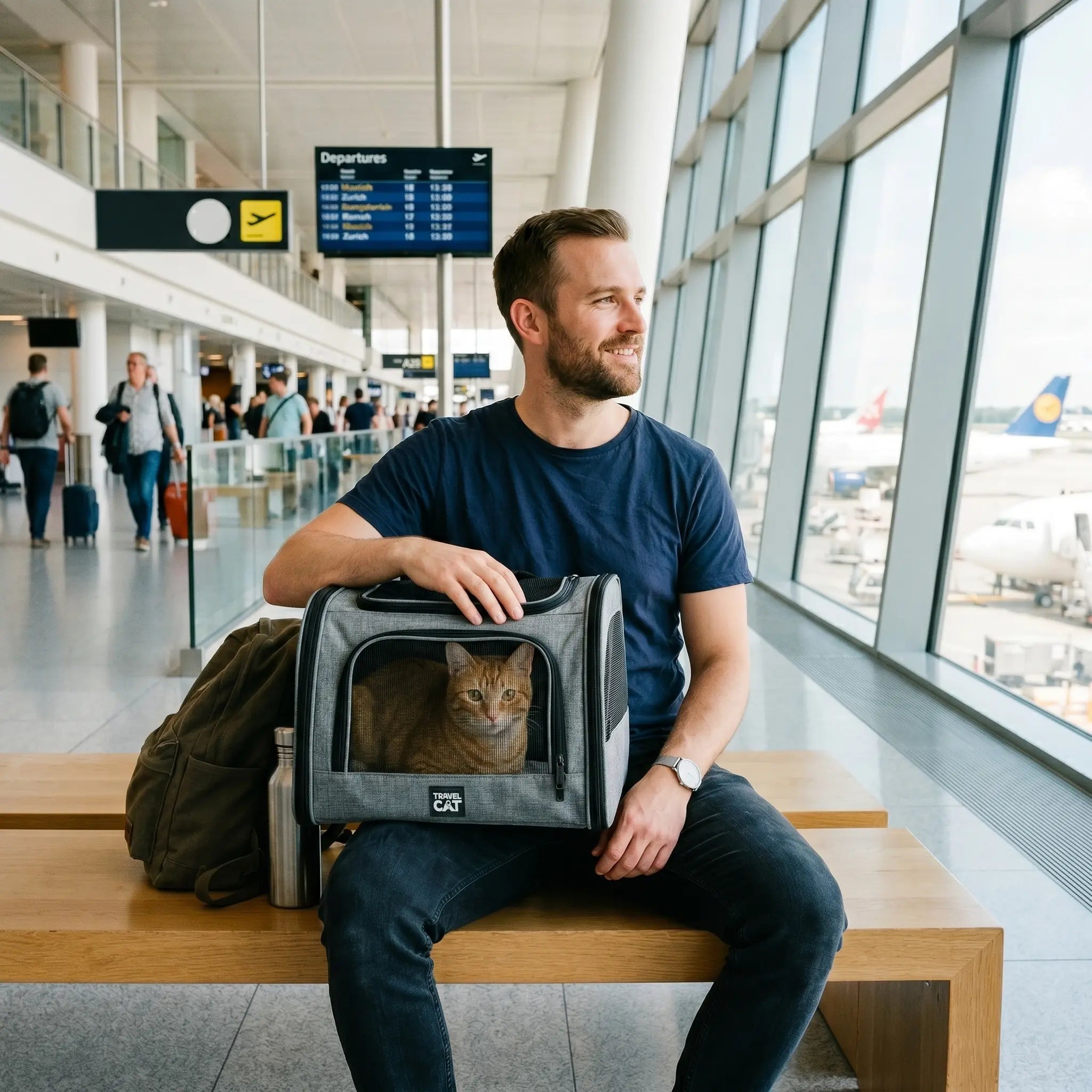 chat-roux-tabby-sac-transport-souple-noir-aeroport-piste-avion-arriere-plan-pluie-fenetre
