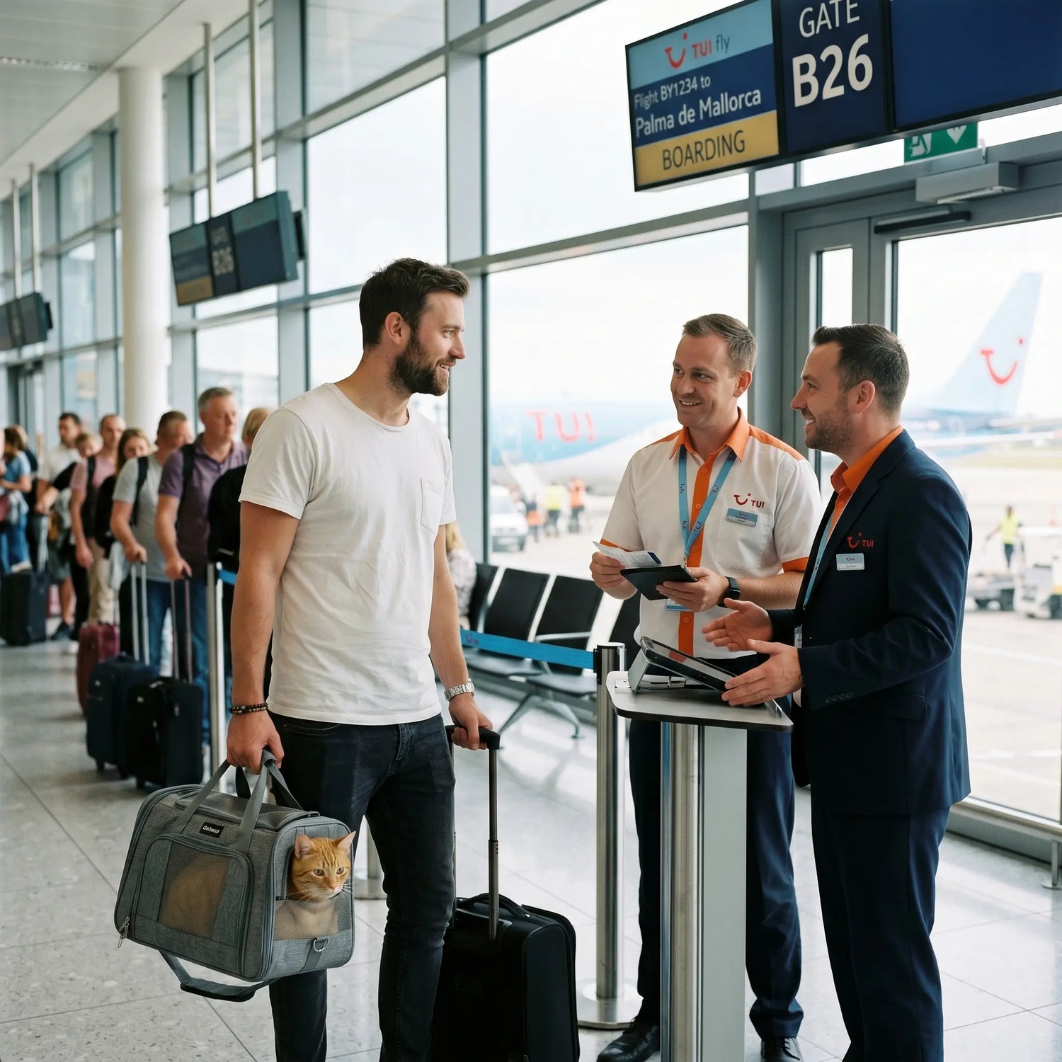 sac-transport-chat-roux-porte-embarquement-tui-fly-passager-staff-uniforme-orange-gate-b26-palma-mallorca-boarding