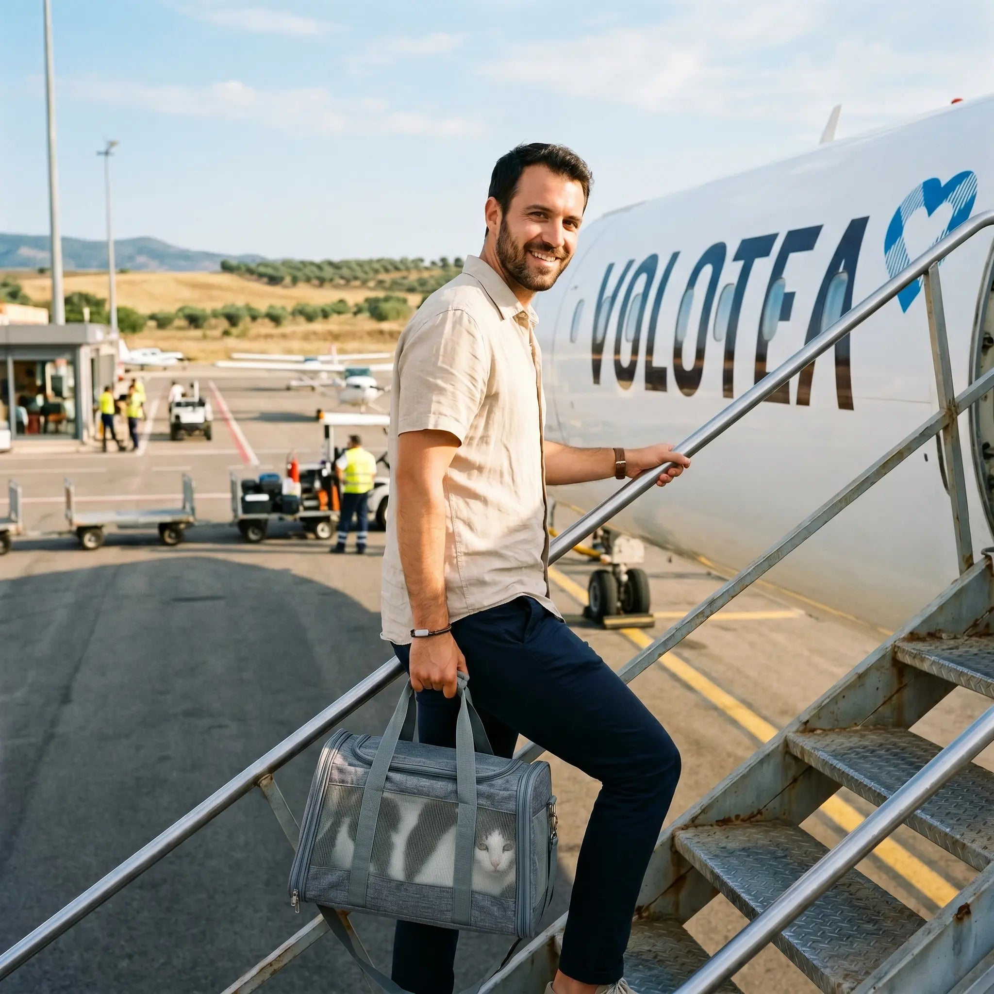 sac-transport-chat-blanc-embarquement-volotea-homme-escalier-avion-tarmac-aeroport-regional-mediterraneen-paysage-collines