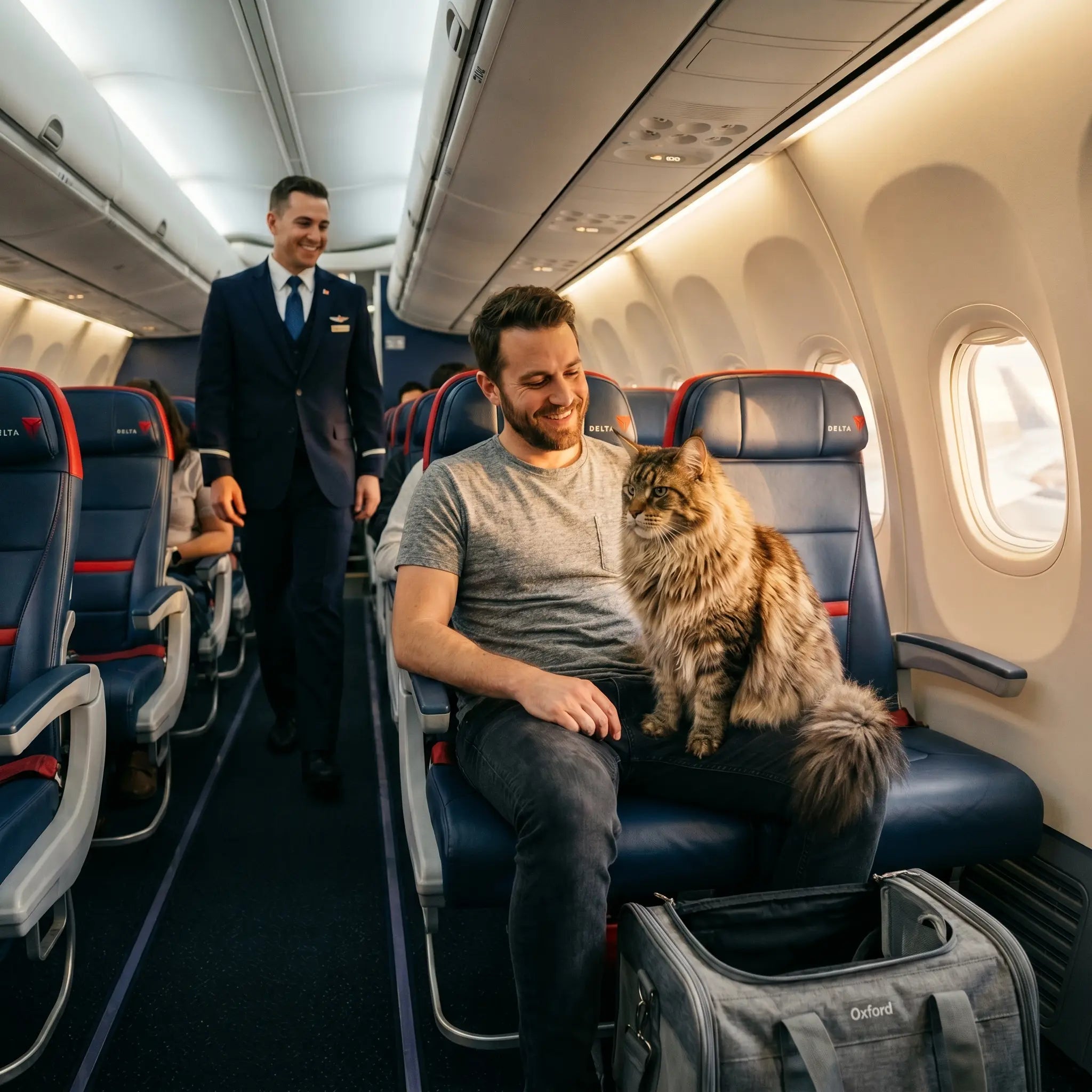 maine-coon-tabby-cabine-delta-air-lines-homme-siege-bleu-rouge-steward-uniforme-sac-transport-oxford-sol-avion