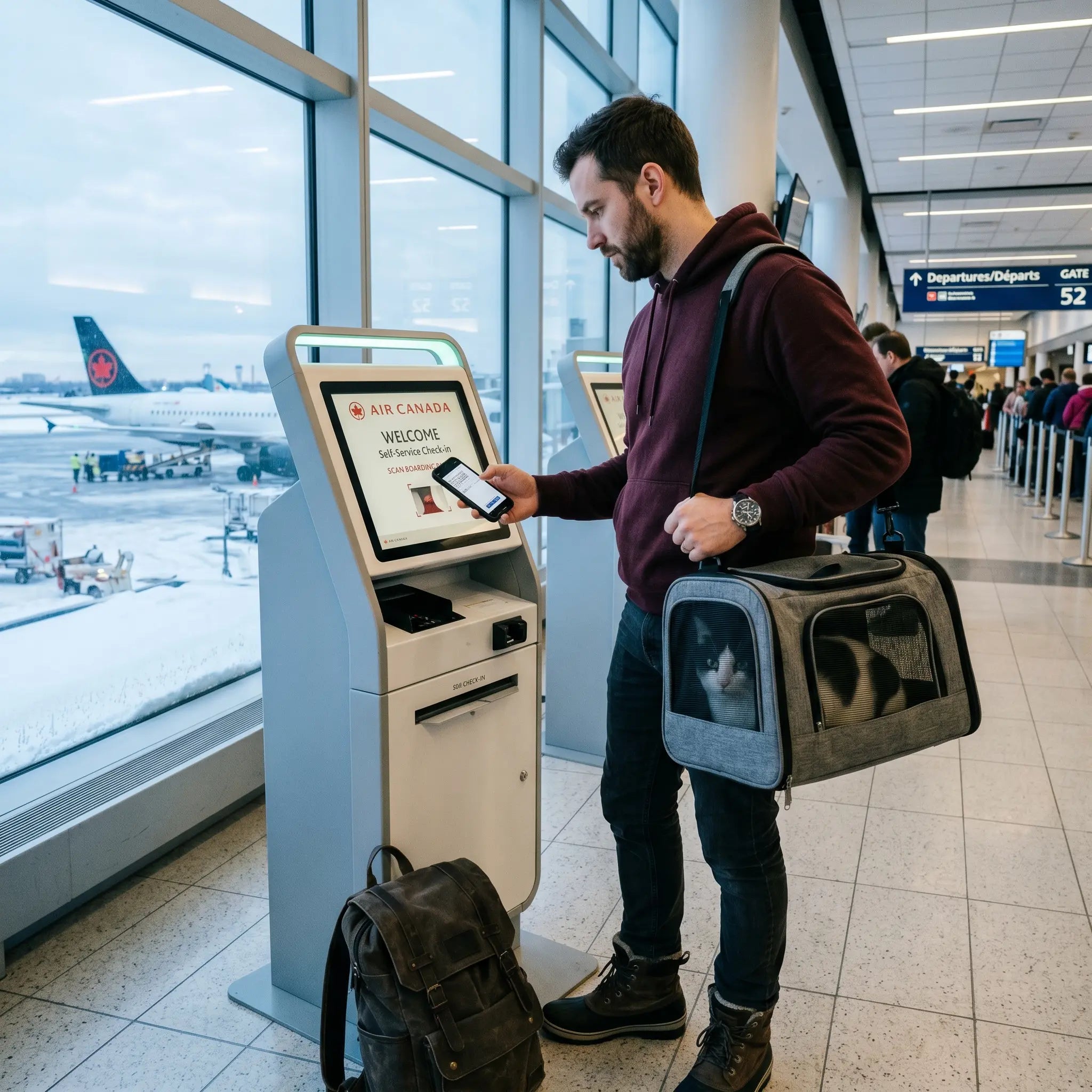 sac-transport-chat-noir-blanc-kiosk-checkin-air-canada-montreal-hiver-neige-tarmac-erable-rouge-homme-hoodie-bordeaux