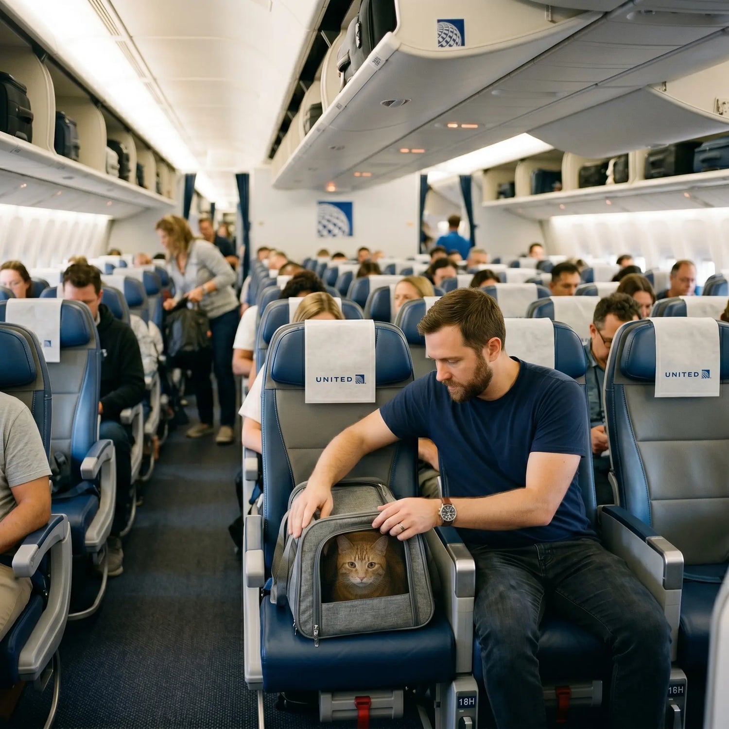 chat-roux-tabby-sac-transport-cabine-united-airlines-boeing-homme-siege-bleu-rangees-passagers-long-courrier