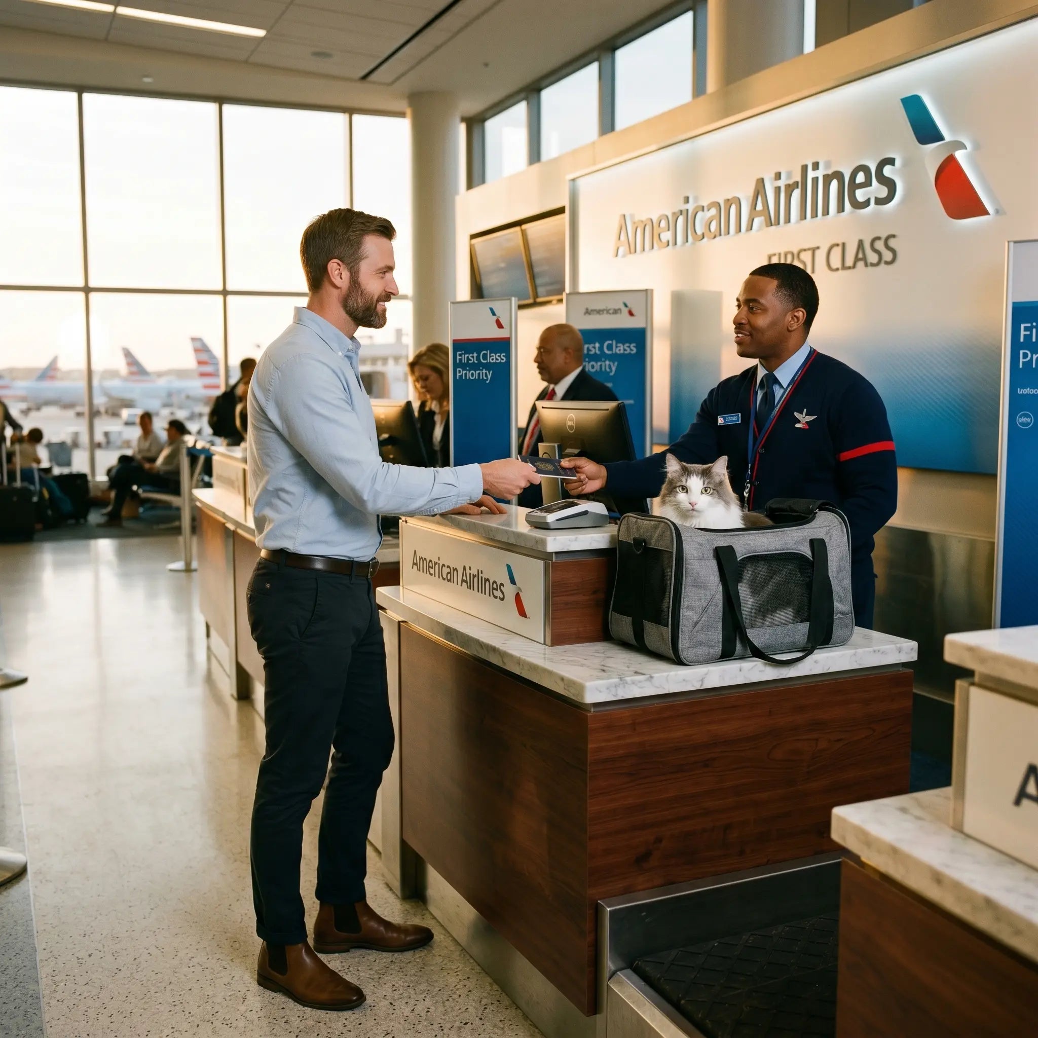 sac-transport-chat-blanc-comptoir-first-class-american-airlines-homme-agent-uniforme-enregistrement-premium-aeroport