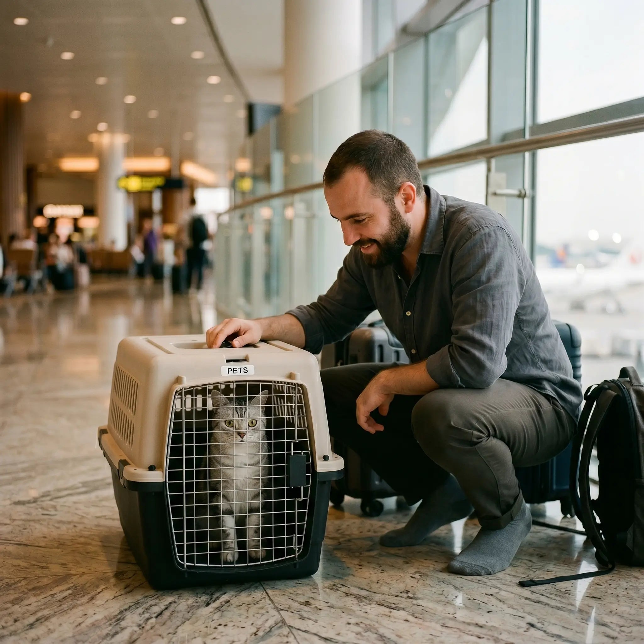 caisse-iata-rigide-chat-silver-tabby-homme-accroupi-terminal-aeroport-marbre-valise-sac-dos-depart-long-courrier
