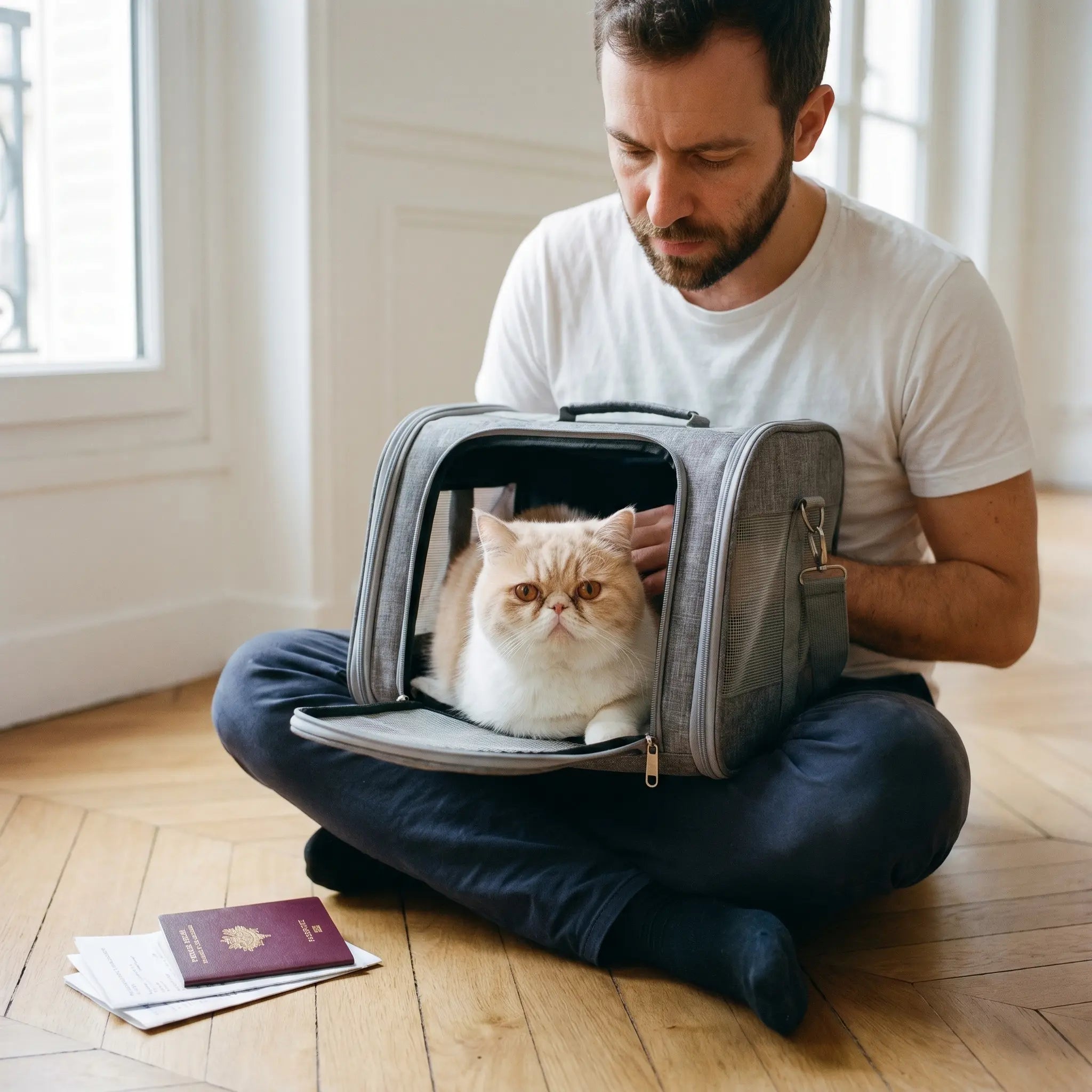 chat-persan-brachycephale-creme-yeux-cuivre-sac-transport-souple-gris-homme-parquet-chevrons-passeport-francais-documents-avion-preparation-voyage