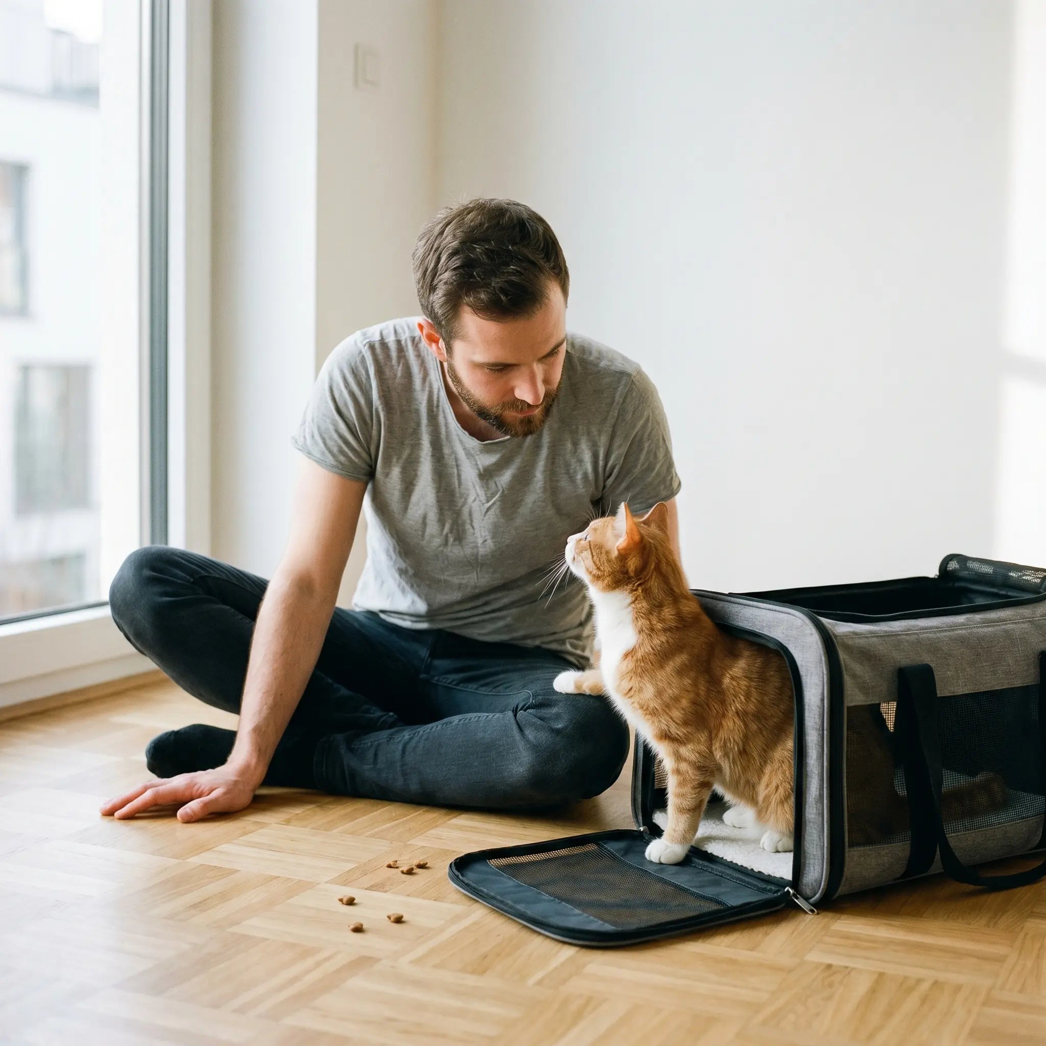 chat-roux-tabby-exploration-sac-transport-ouvert-homme-assis-parquet-chevrons-friandises-habituation-appartement-minimaliste