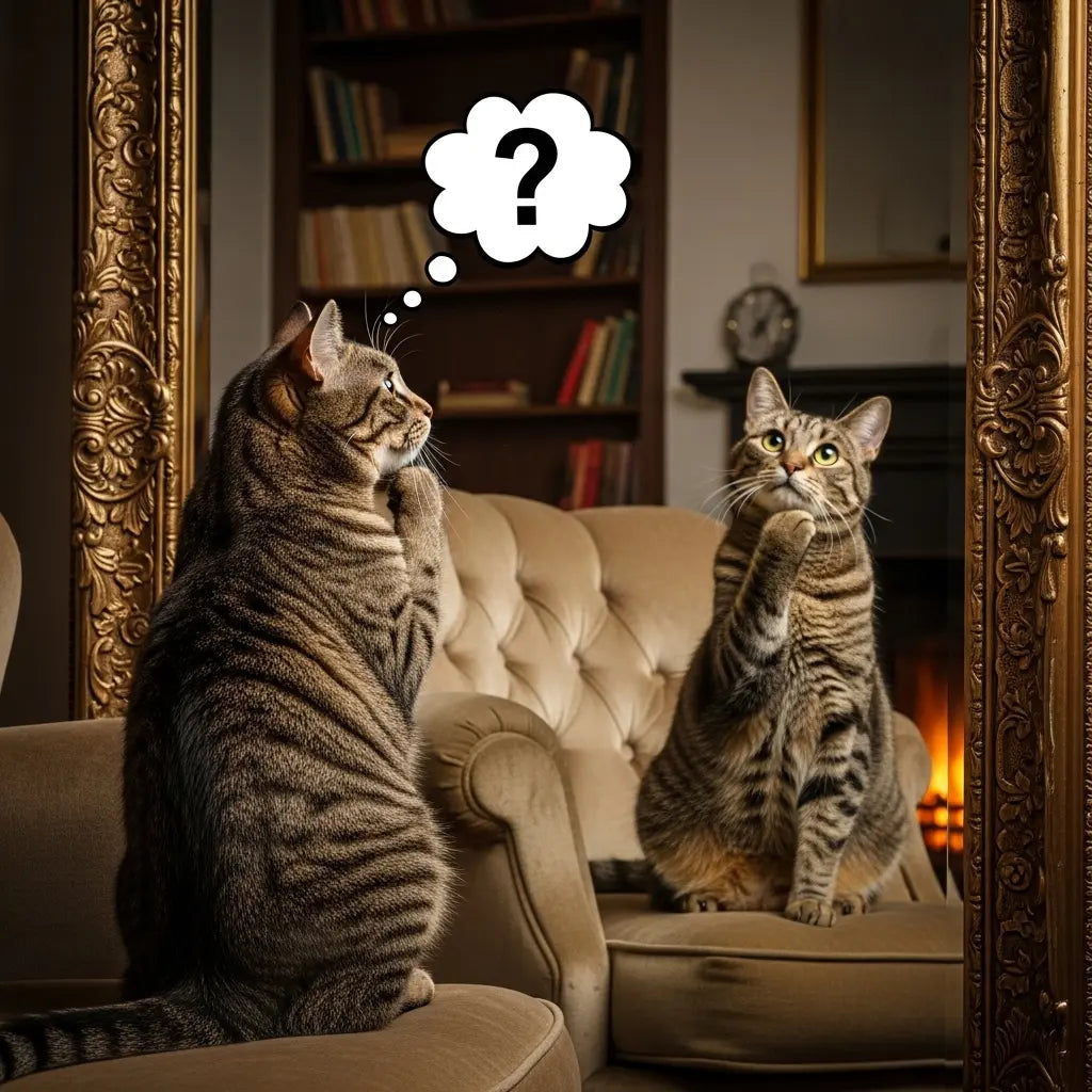 chat se posant une question devant un miroir. Image dessin animé