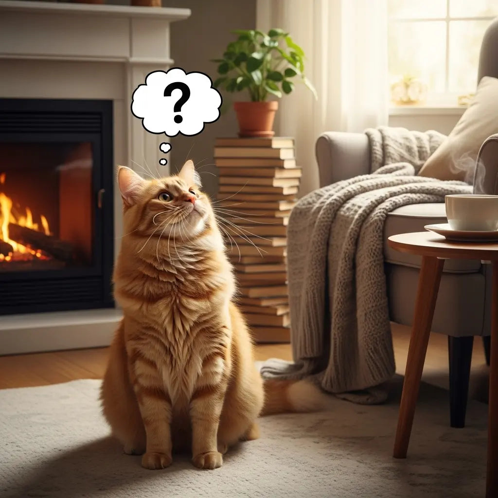 chat blond près d'un feu se posant des questions