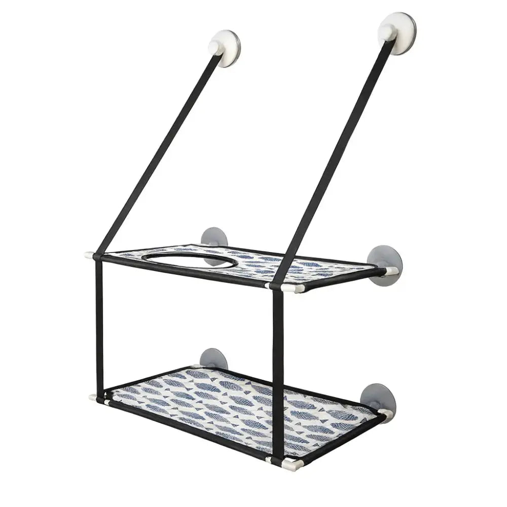 Hamac de fenêtre pour chat à double niveau avec motif poisson bleu, fixé par ventouses solides, parfait pour le repos et le jeu.