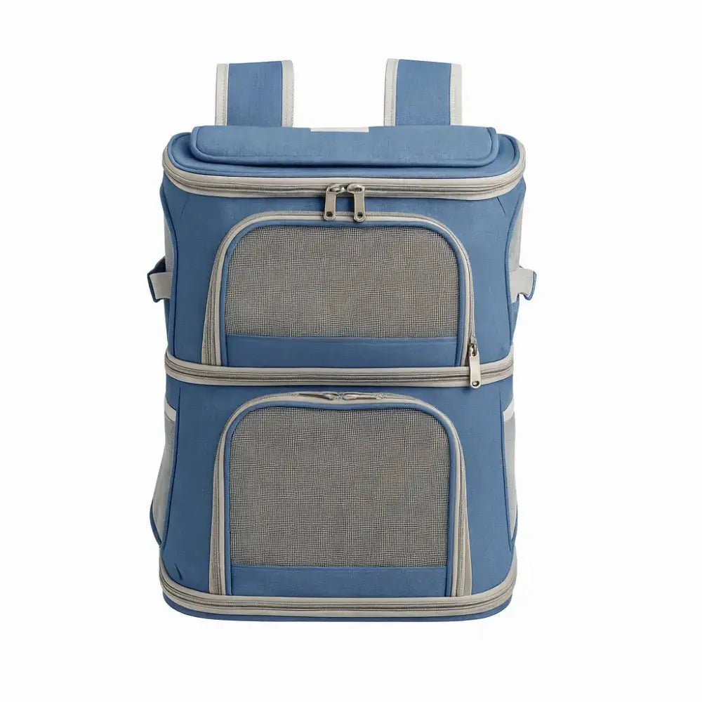 Sac de transport pour deux chats de couleur bleue avec deux compartiments séparés et aérations, idéal pour les voyages et les sorties.