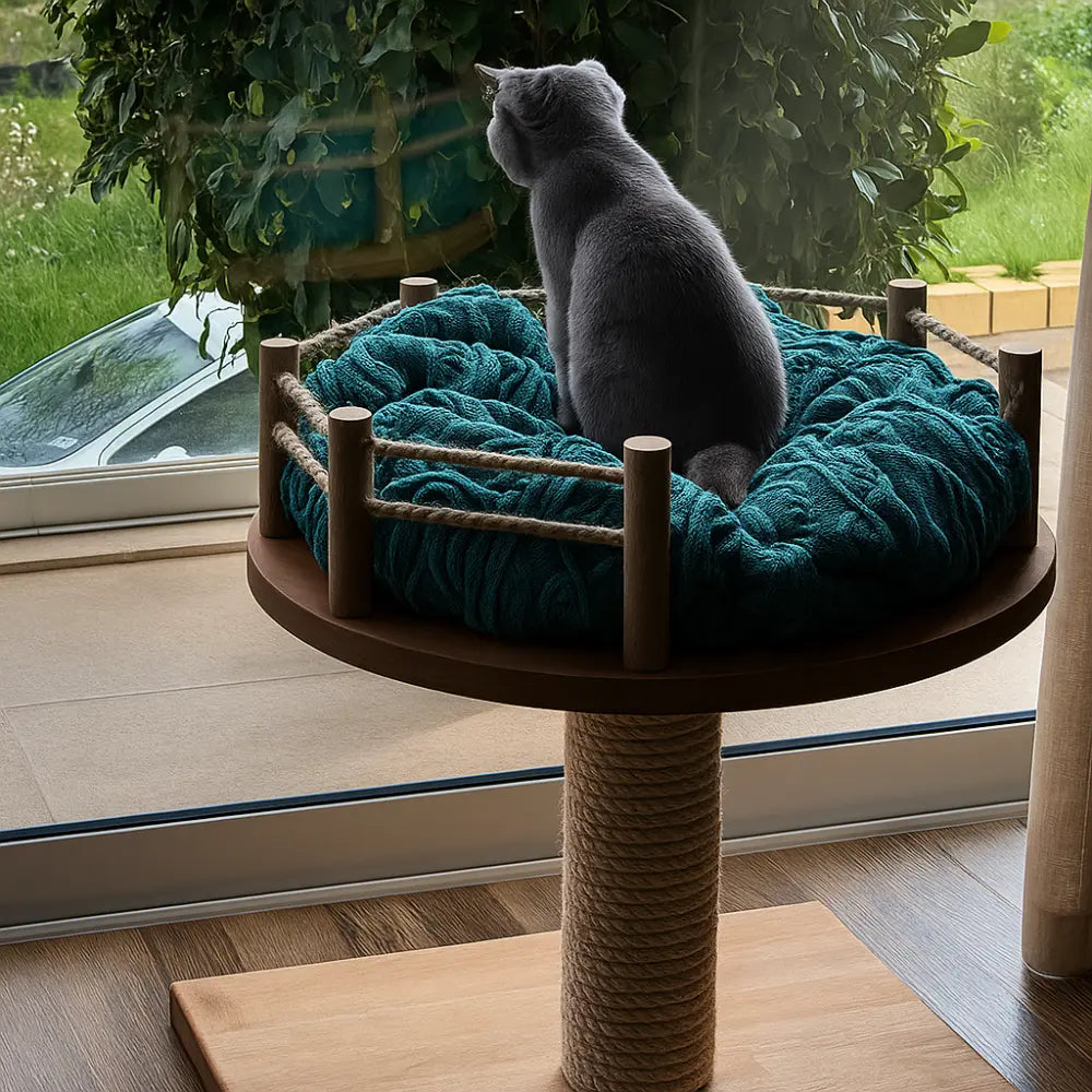 Chat gris assis sur un arbre à chat design avec panier moelleux en laine verte, près d’une baie vitrée.