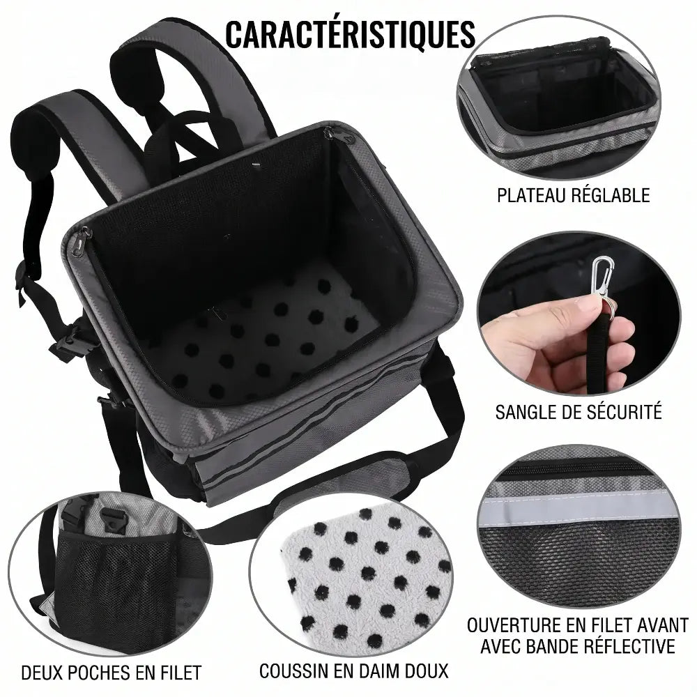 Présentation des caractéristiques : fonction sac à dos avec bretelles, poches filet latérales et laisse de sécurité intérieure.