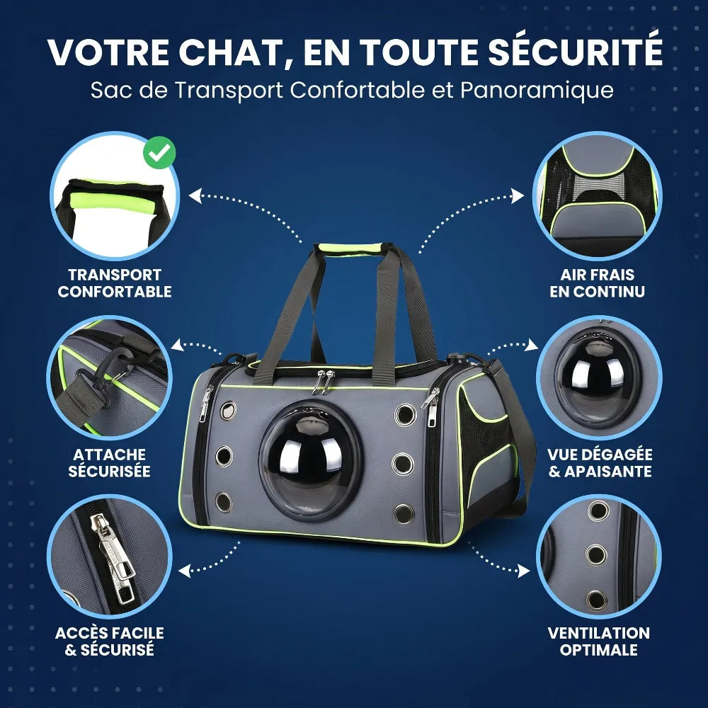 Caractéristiques techniques du sac de transport pour chat illustrant les attaches solides et la structure ergonomique pour le trajet.