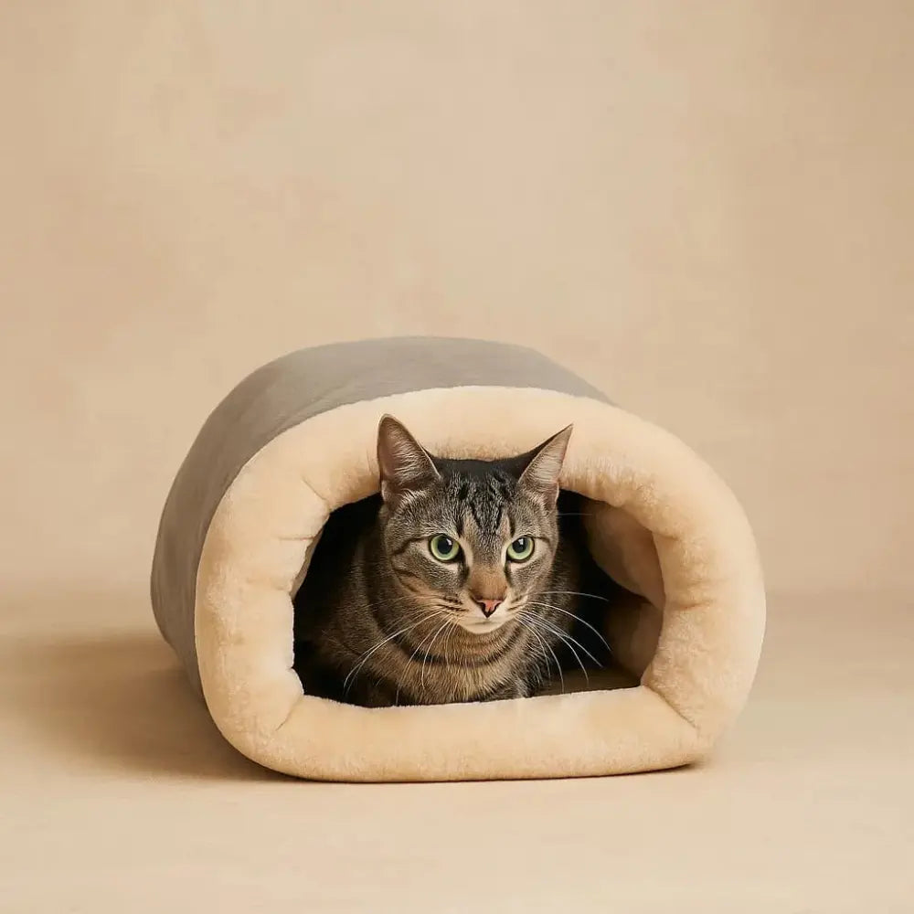 Tunnel semi-fermé pour chat gris, espace de repos confortable.
