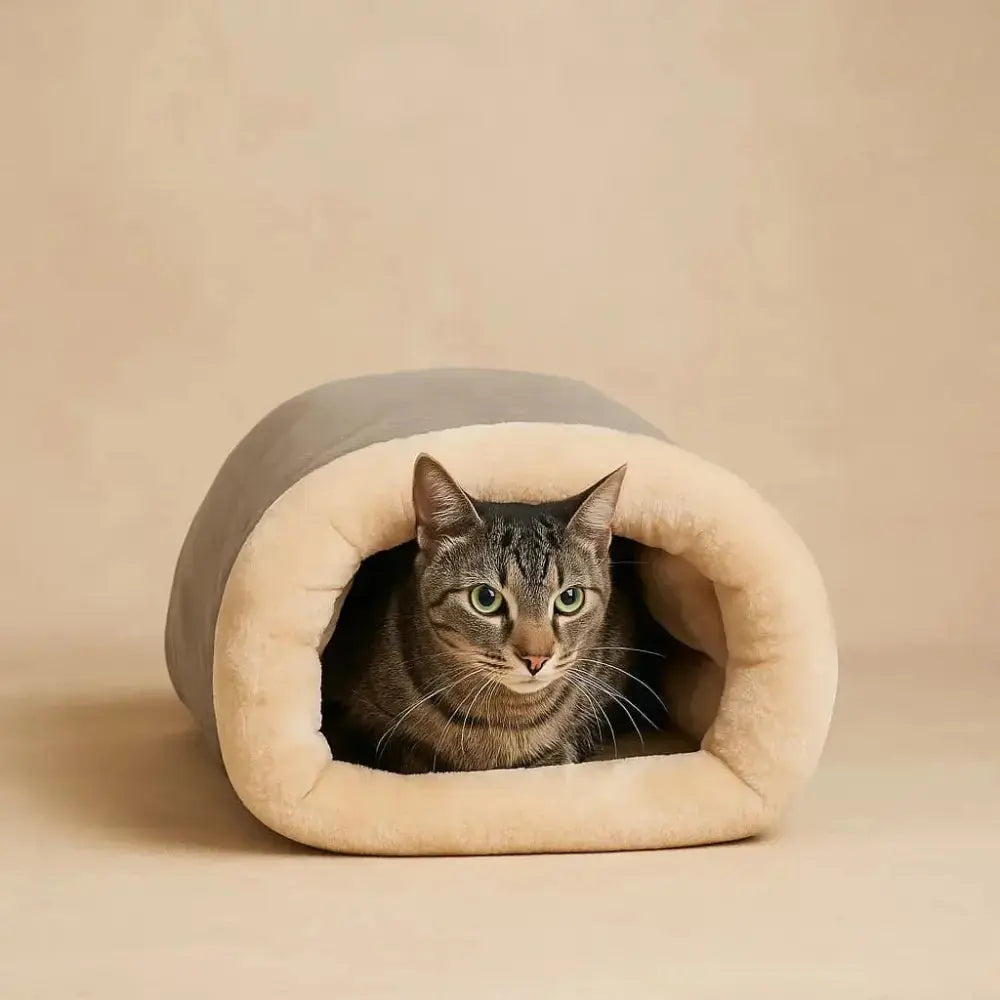 Tunnel semi-fermé pour chat gris, espace de repos confortable.