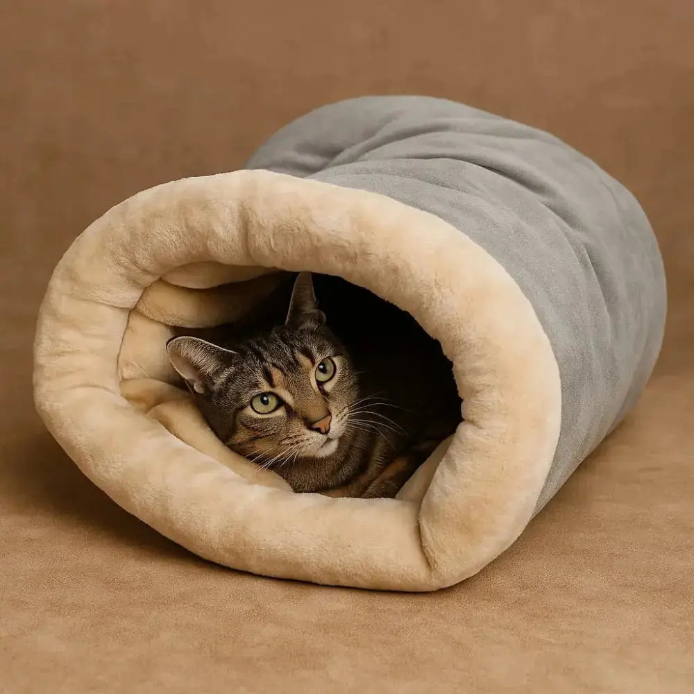 Chat installé dans un sac de couchage tunnel gris doux et moelleux.