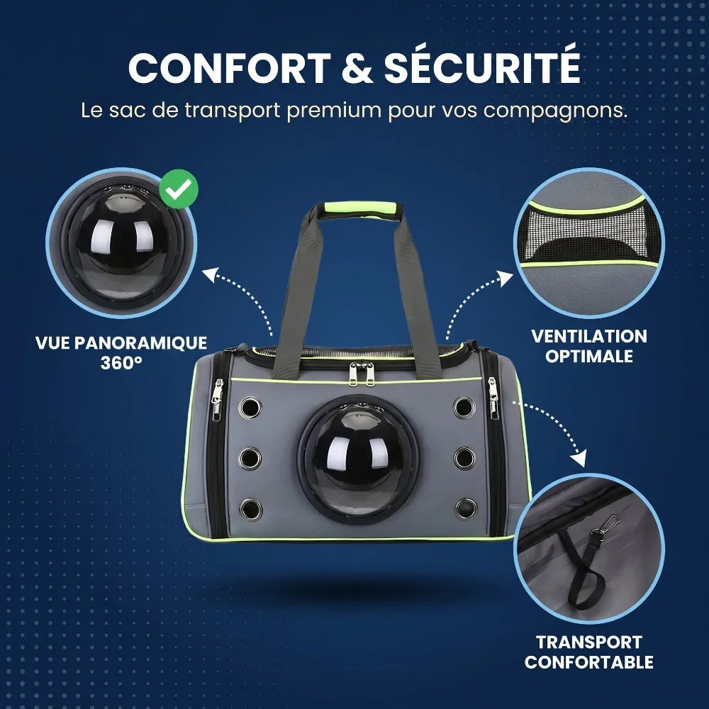 Détails du sac pour chat mettant en avant la sécurité, le hublot panoramique en coque rigide et la ventilation latérale.