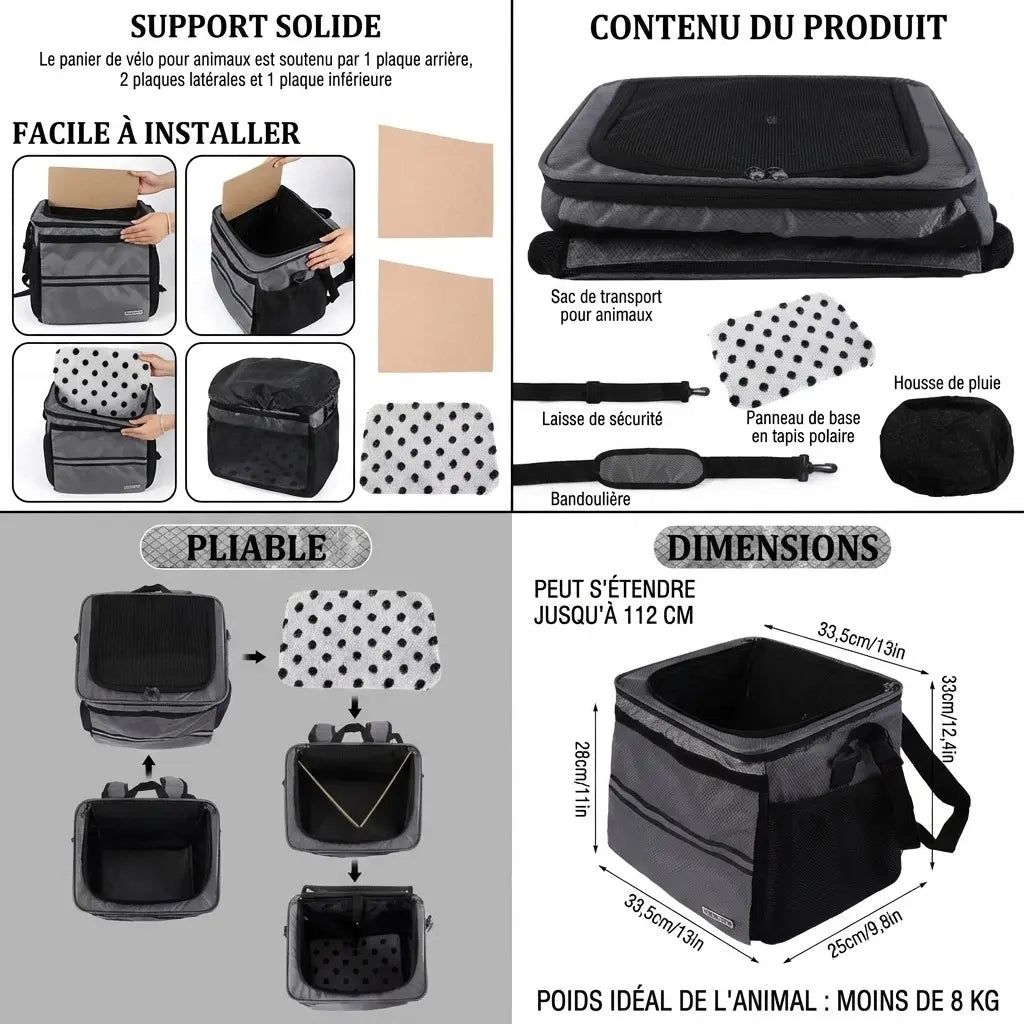 Résumé visuel des multiples fonctions du sac pour chat, incluant les dimensions, la structure et la conception pliable.
