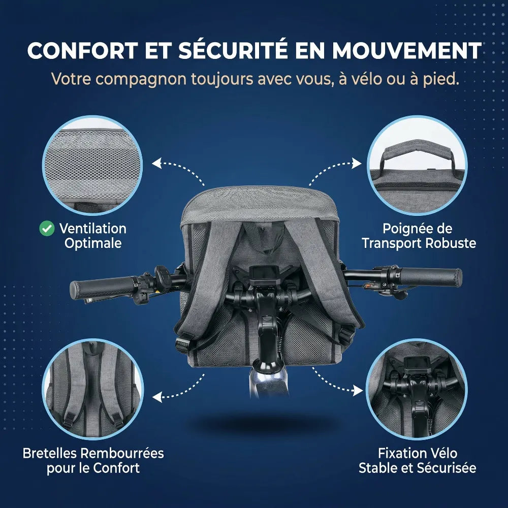 Illustration du système d'installation du sac pour chat sur un guidon de vélo, montrant le détail des sangles de maintien.