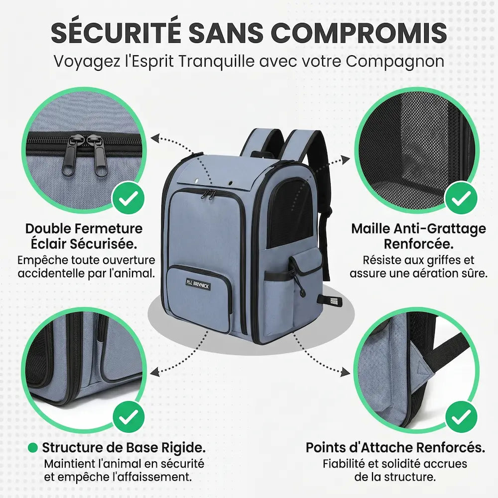 Présentation des fonctionnalités du sac de transport pour chat, montrant le double mode d'utilisation classique et la structure en maille extensible.