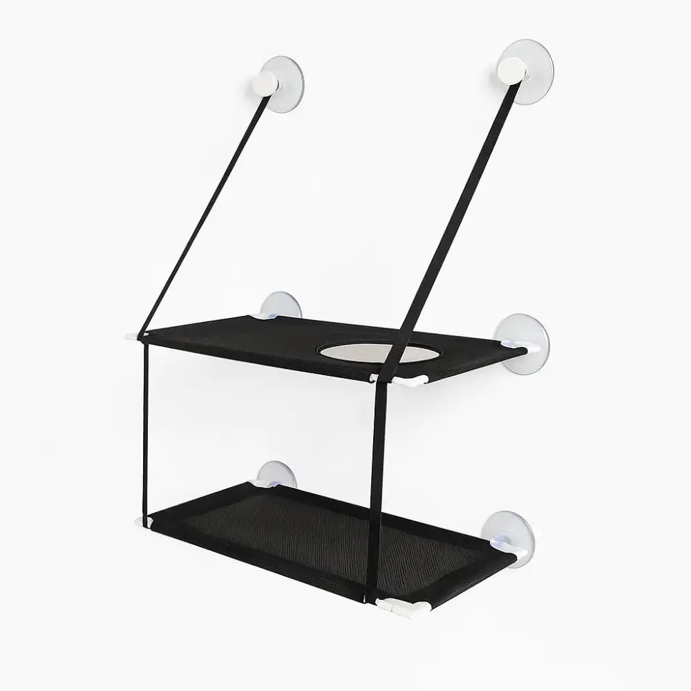Hamac de fenêtre pour chat à double niveau noir, avec fixation par ventouses solides, offrant un espace de repos en hauteur.