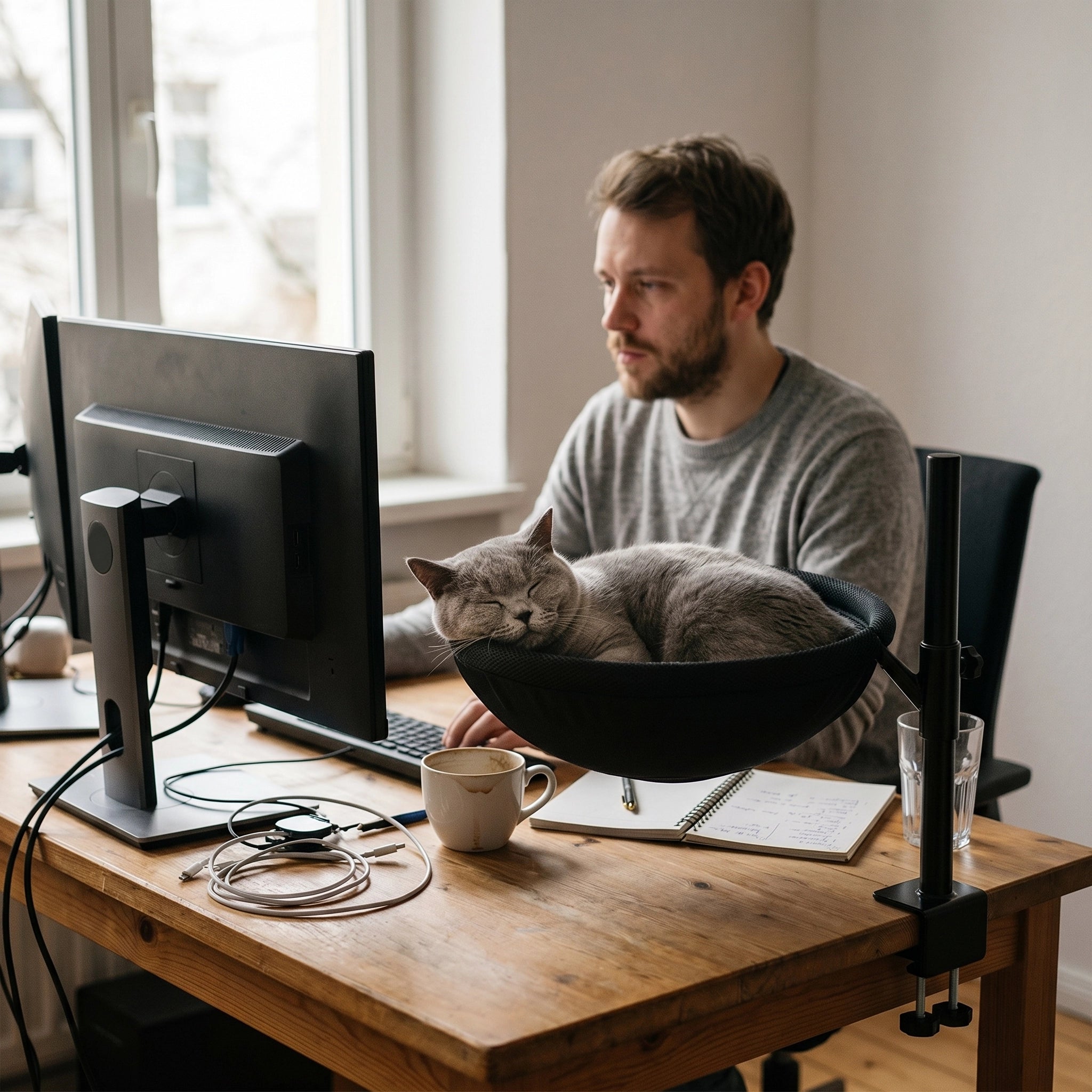 homme-30-ans-teletravail-bureau-avec-chat-gris-sur-panier-suspendus-dormant