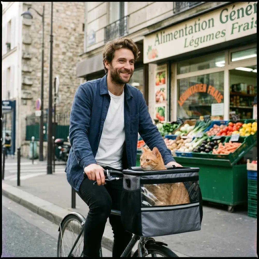 Un cycliste en ville utilisant le panier de guidon pour transporter son chat roux en toute sécurité.