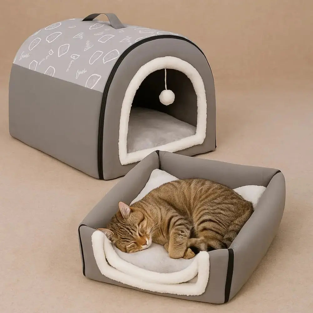 Maison pliable pour chat avec coussin intérieur amovible et lavable, pratique et confortable.