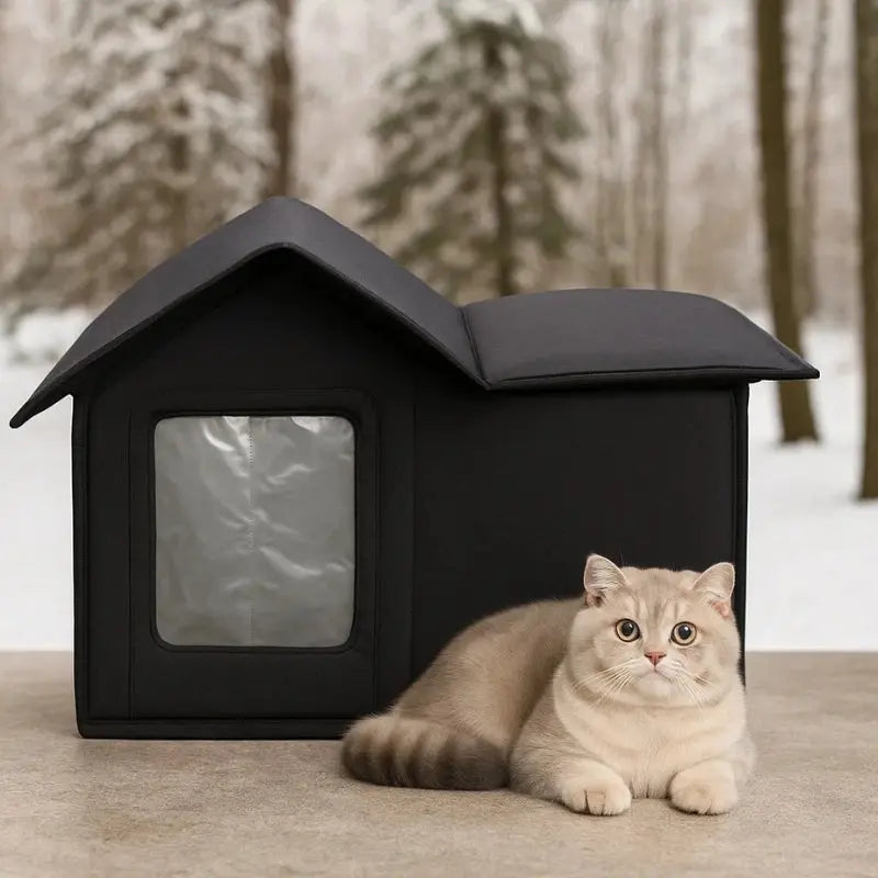 niche extérieure pour chat noire avec coussin intérieur isolant