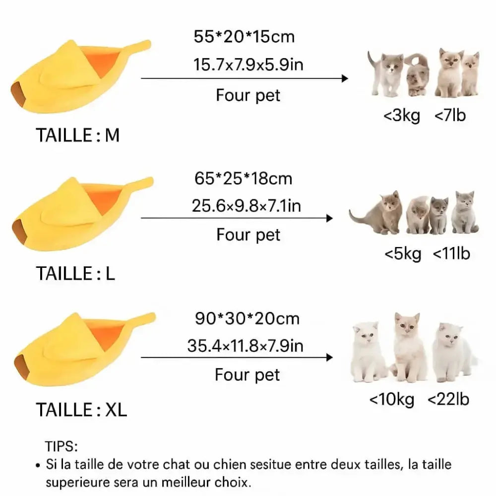 guide des tailles du panier pour chat banane, lit semi-fermé en velours respirant adapté aux petits et grands chats.