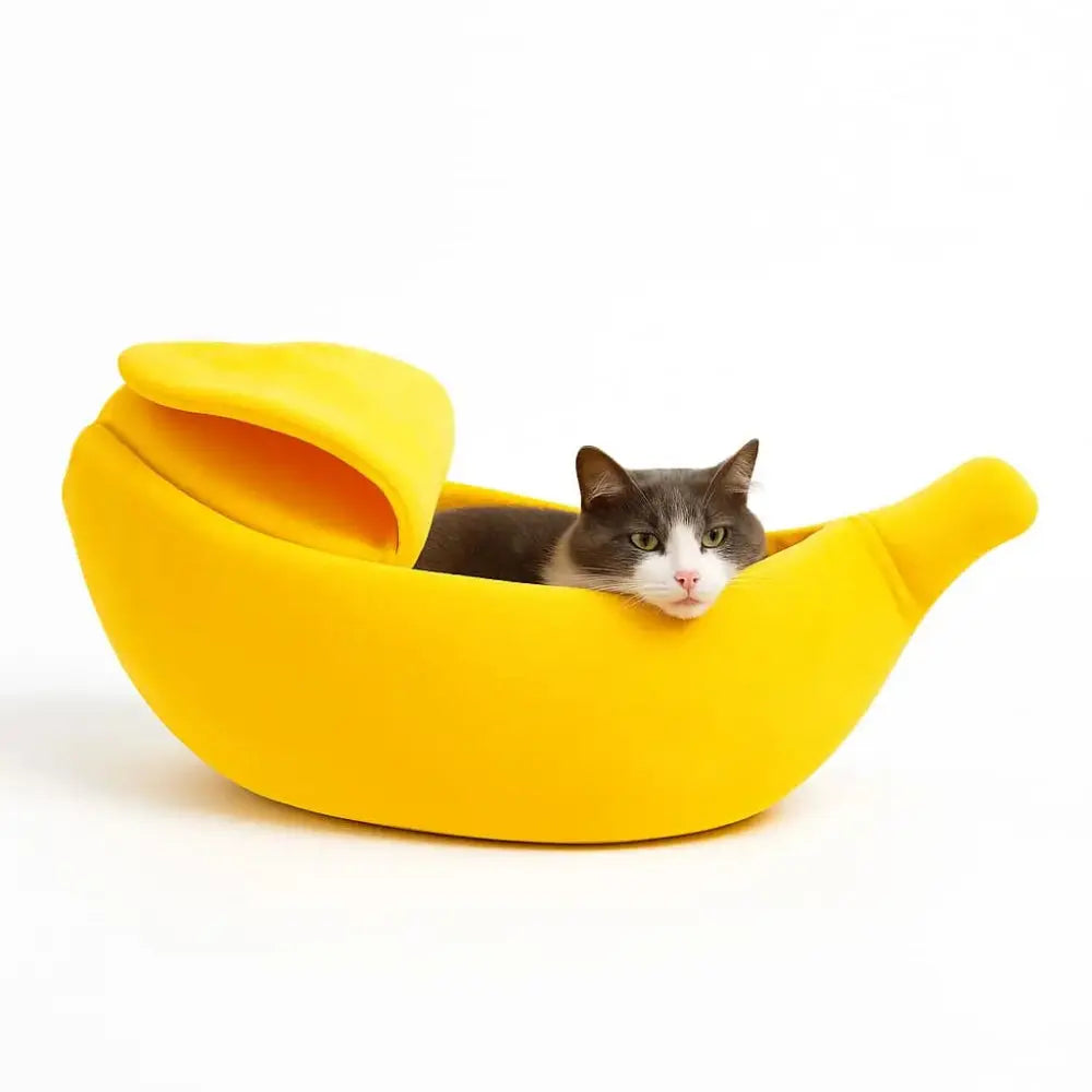 panier pour chat en forme de banane en velours jaune, lit confortable et respirant pour le repos des chats.
