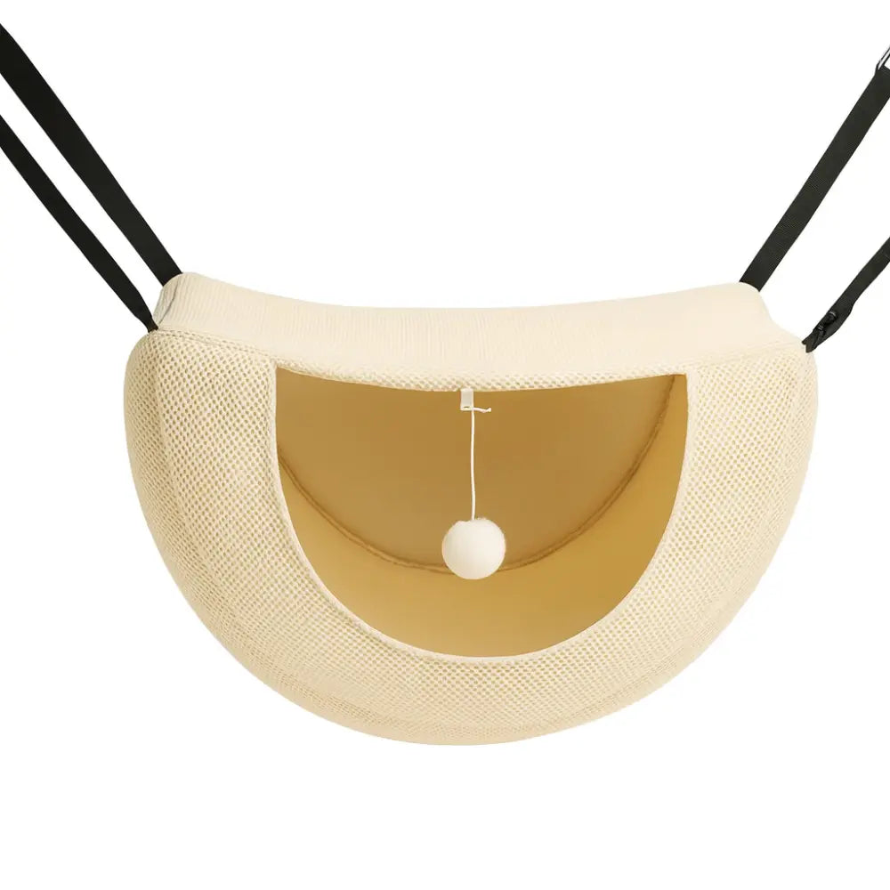Panier pour chat en forme de hamac suspendu beige, respirant et moelleux, avec sangles réglables et balle suspendue pour jouer.