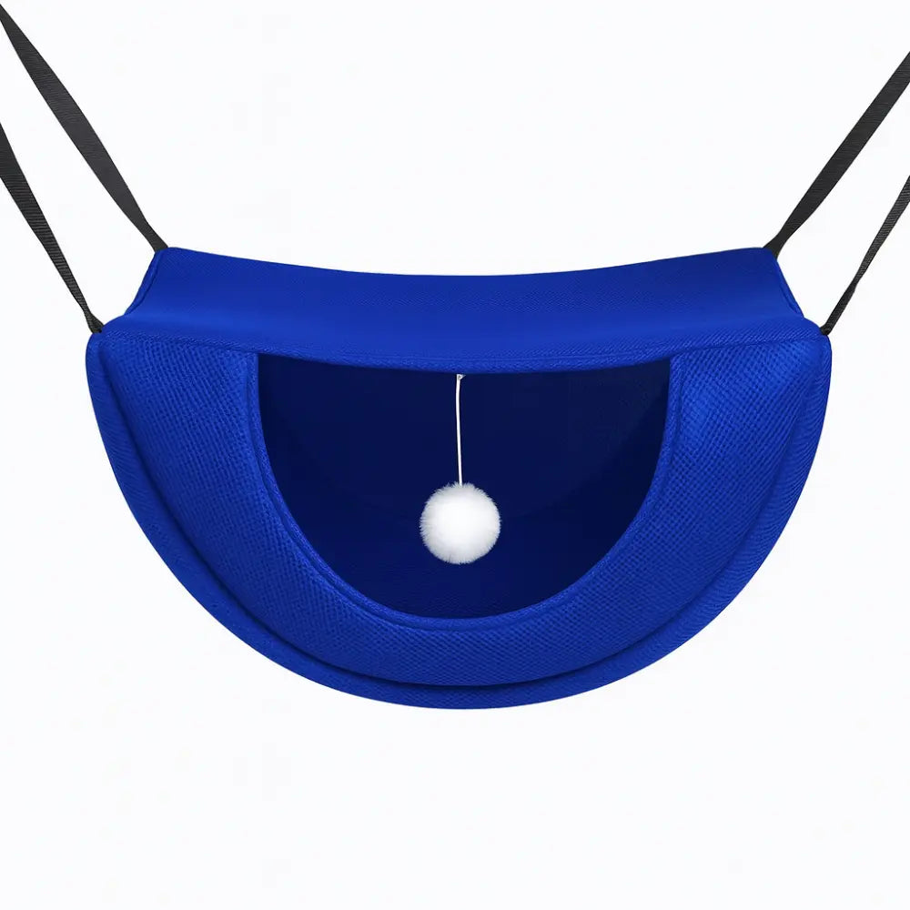 Panier pour chat en forme de hamac suspendu bleu, respirant et moelleux, avec sangles de fixation et balle suspendue pour s’amuser.