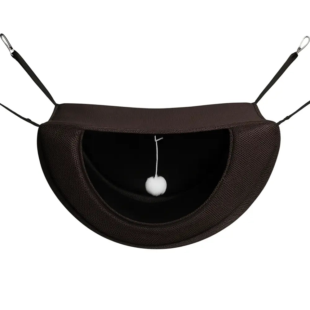 Panier pour chat en forme de hamac suspendu marron, respirant et confortable, avec sangles réglables et balle suspendue pour jouer.
