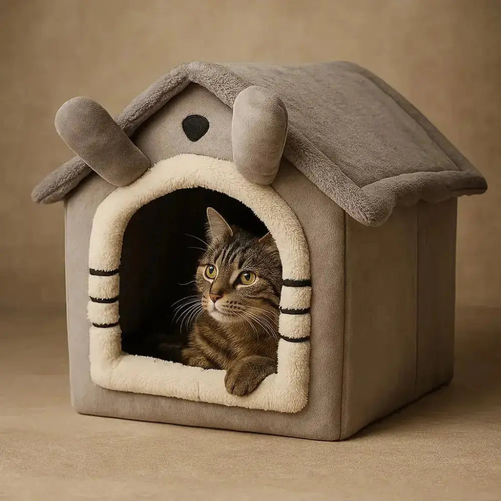 Chat installé dans un panier maison pour chat en velours gris avec toit, offrant un espace douillet et sécurisé.