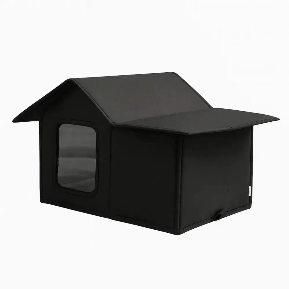 Panier chat maison noire pliable en tissu imperméable, idéale pour l’intérieur ou l’extérieur, avec fenêtre latérale.