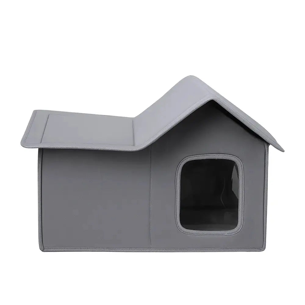 Panier chat maison pliable en tissu gris, confortable et imperméable, idéal pour l’intérieur ou l’extérieur.