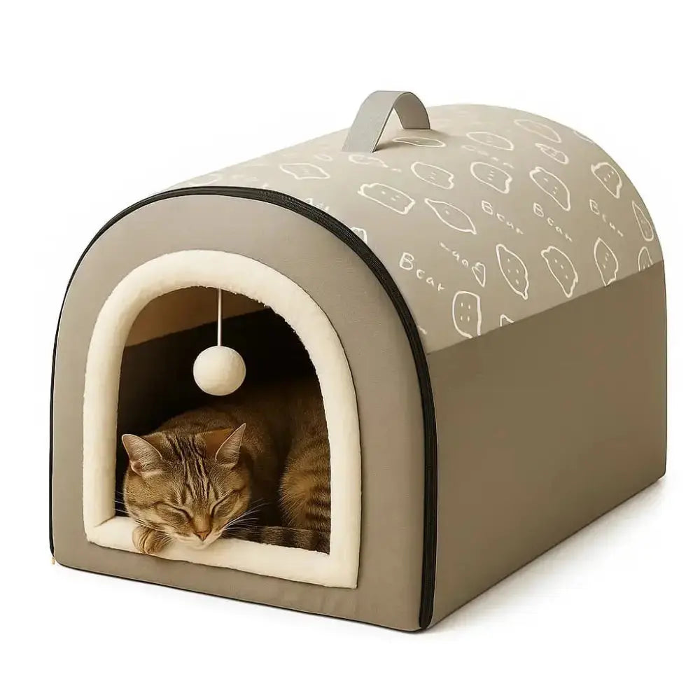 Panier pour chat maison pliable en peluche grise, doux et confortable, idéal comme refuge intérieur.