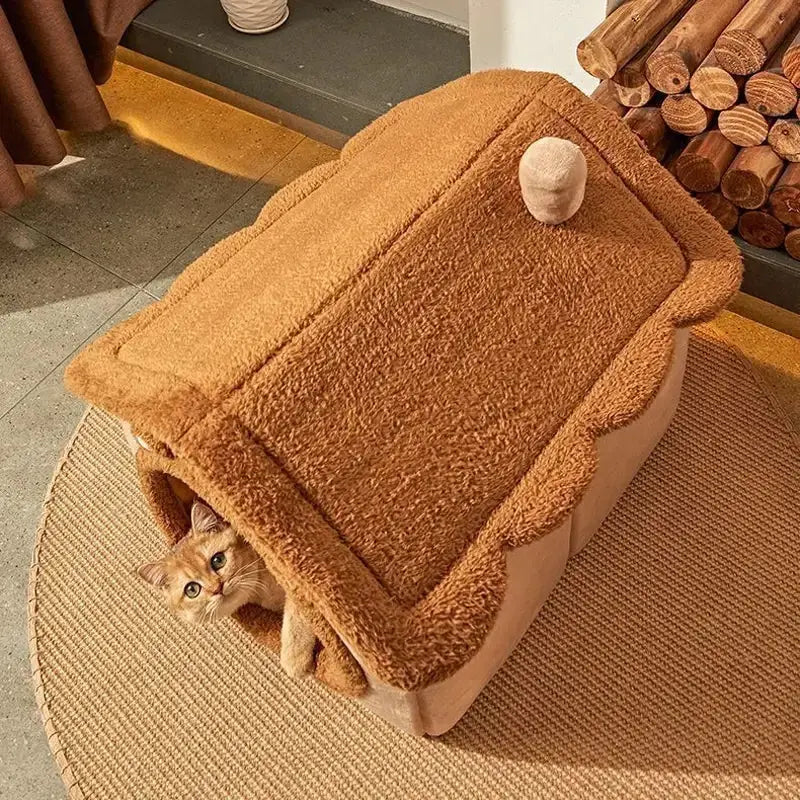 Panier pour chat maison pliable avec toit ouvert, pratique pour l’entretien et le couchage quotidien.