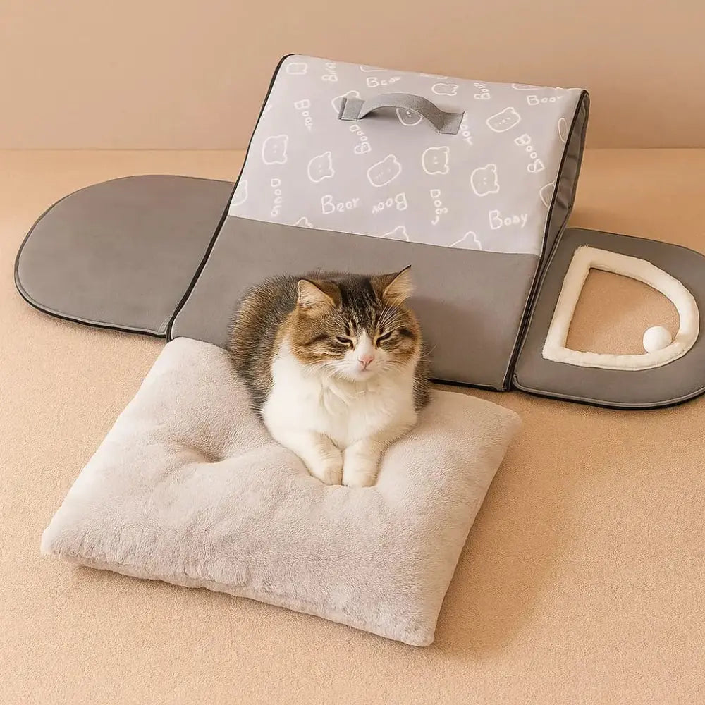 Panier maison pliable pour chat en velours doux, design pratique avec poignée de transport.