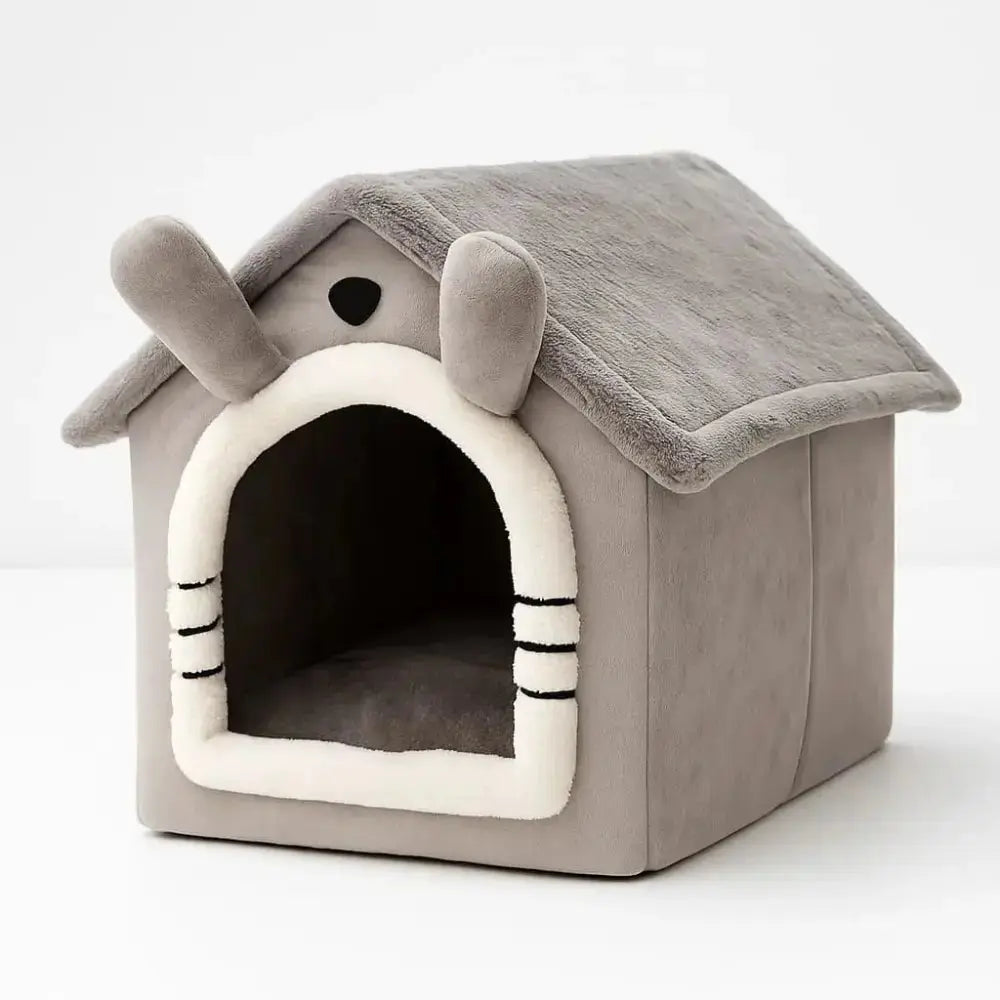 Panier pour chat maison en velours gris pliable avec toit détachable, idéal pour offrir un couchage chaud et confortable.