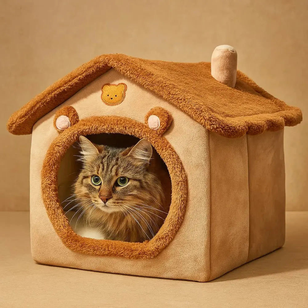 Panier maison pour chat en velours doux couleur beige avec toit amovible, adapté au repos des chats.